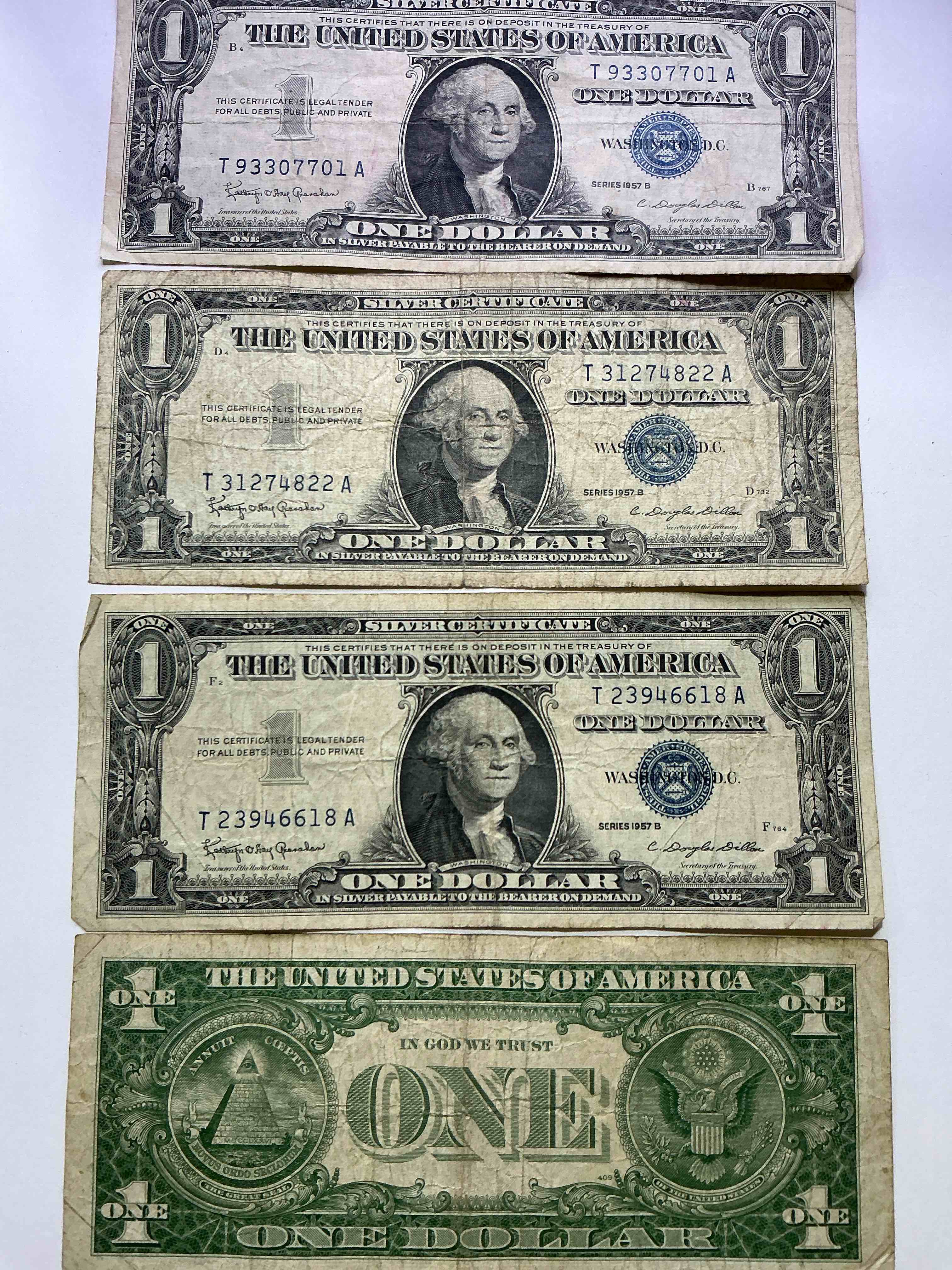 1957 series silver certificates! did you know that prior to 1964 one dollar u.s. paper money was actually redeemable for silver dollars?! wow how times have changed! silver certificates were produced from 1878 to 1964 & are still considered legal tender at face value. here are gorgeous, circulated 1957 u.s. one dollar silver certificate, with highly collectible "blue seal!* own an awesome piece of history!