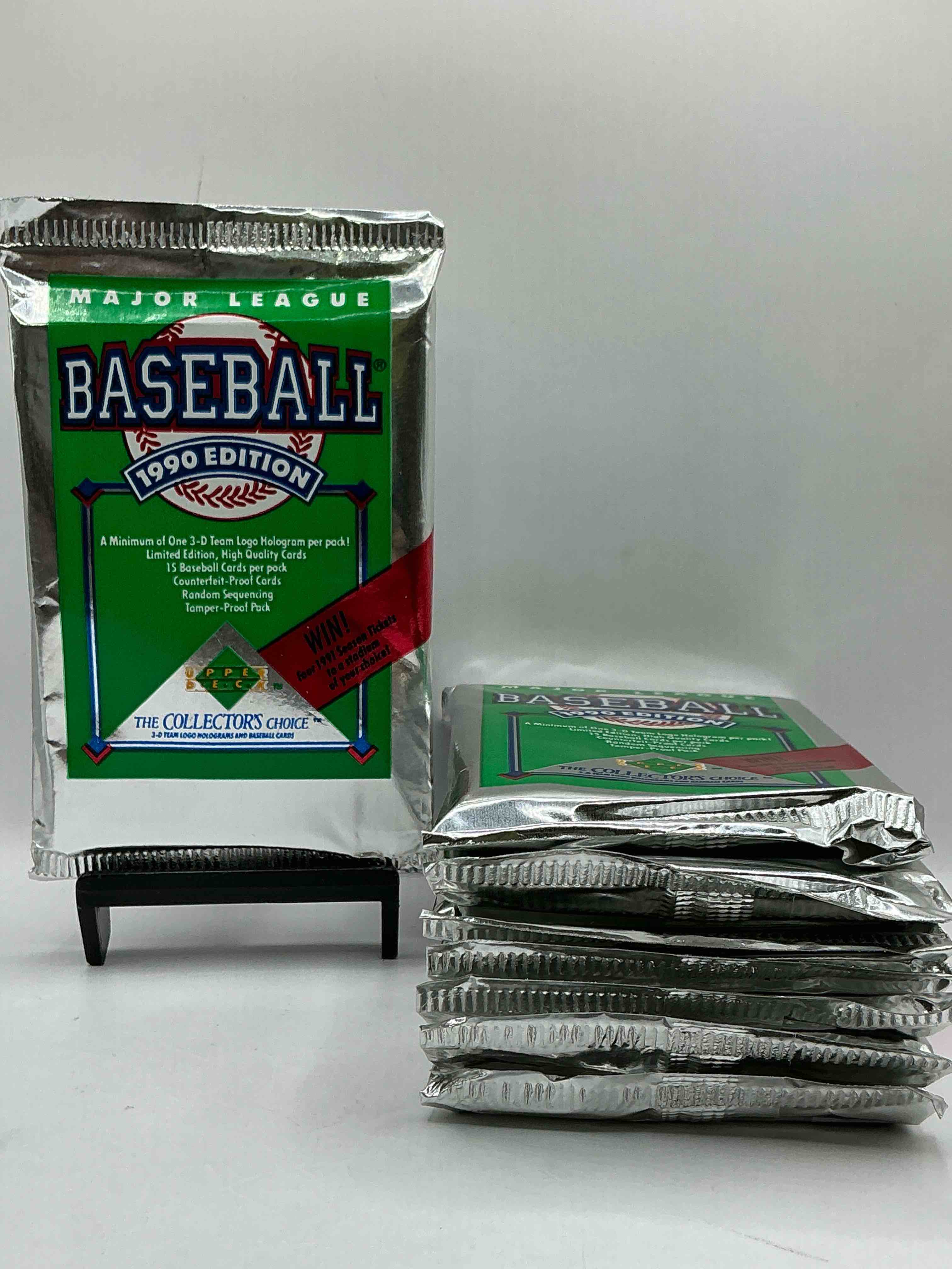 1990 upper deck baseball unopened sports trading card packs! direct from original box! look for possible collector's 3d team logo card! as well as early ken griffey jr. cards!