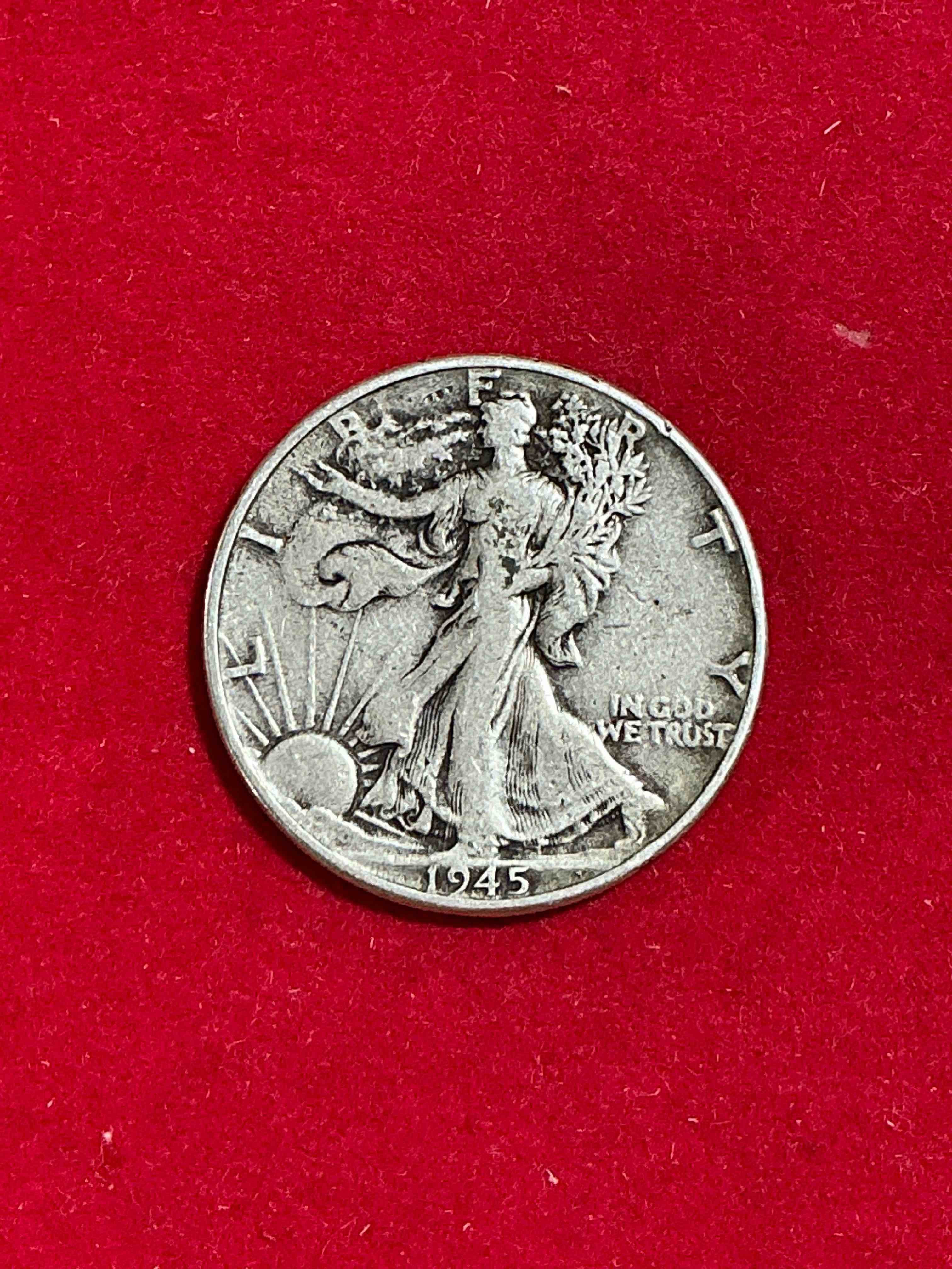 world war ii era silver! antique u.s. silver! liberty walking silver fine u.s. silver half dollar! this striking half dollars were minted from 1916-1947 & have become some of the most collectible coins in history! here is a striking appears uncirculated example from 1945! liberty walking coins are 90% fine u.s. silver, a great investment in precious metal!