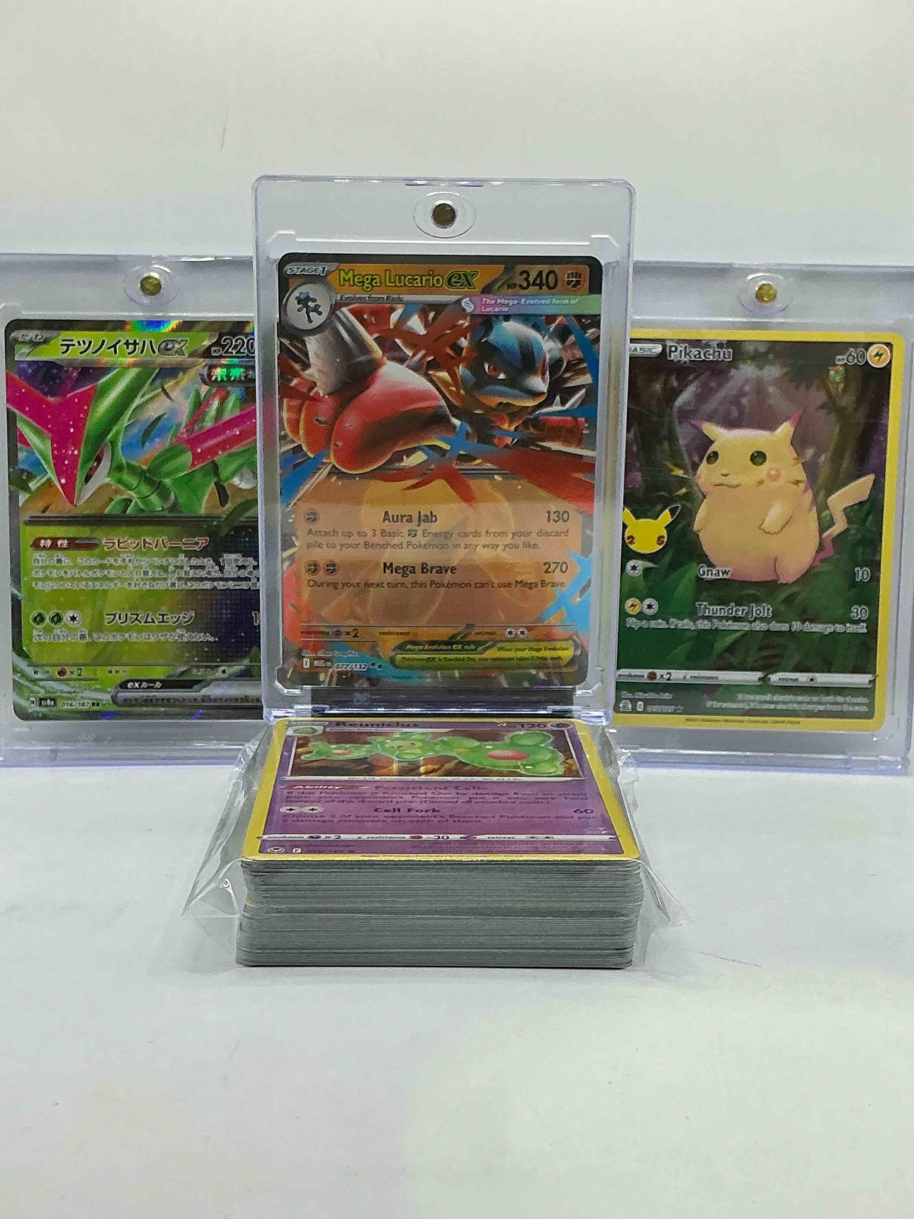 Condition photo showing New/Like New for mega lucario ex, pikachu holo & more! these three heroes, along with 50 other pokémon heroes, holos, legends & commons- including 1 stage two rare holographic, 2 stage one rare holographic, 3 basic rare holographic, 4 common/ uncommon holographics (all stages), 2 stage two non holographic & 2 rares! also includes 36 non holo common/ uncommon basic & first stage cards trainers & energy too! perfect set for collectors & enthusiasts!