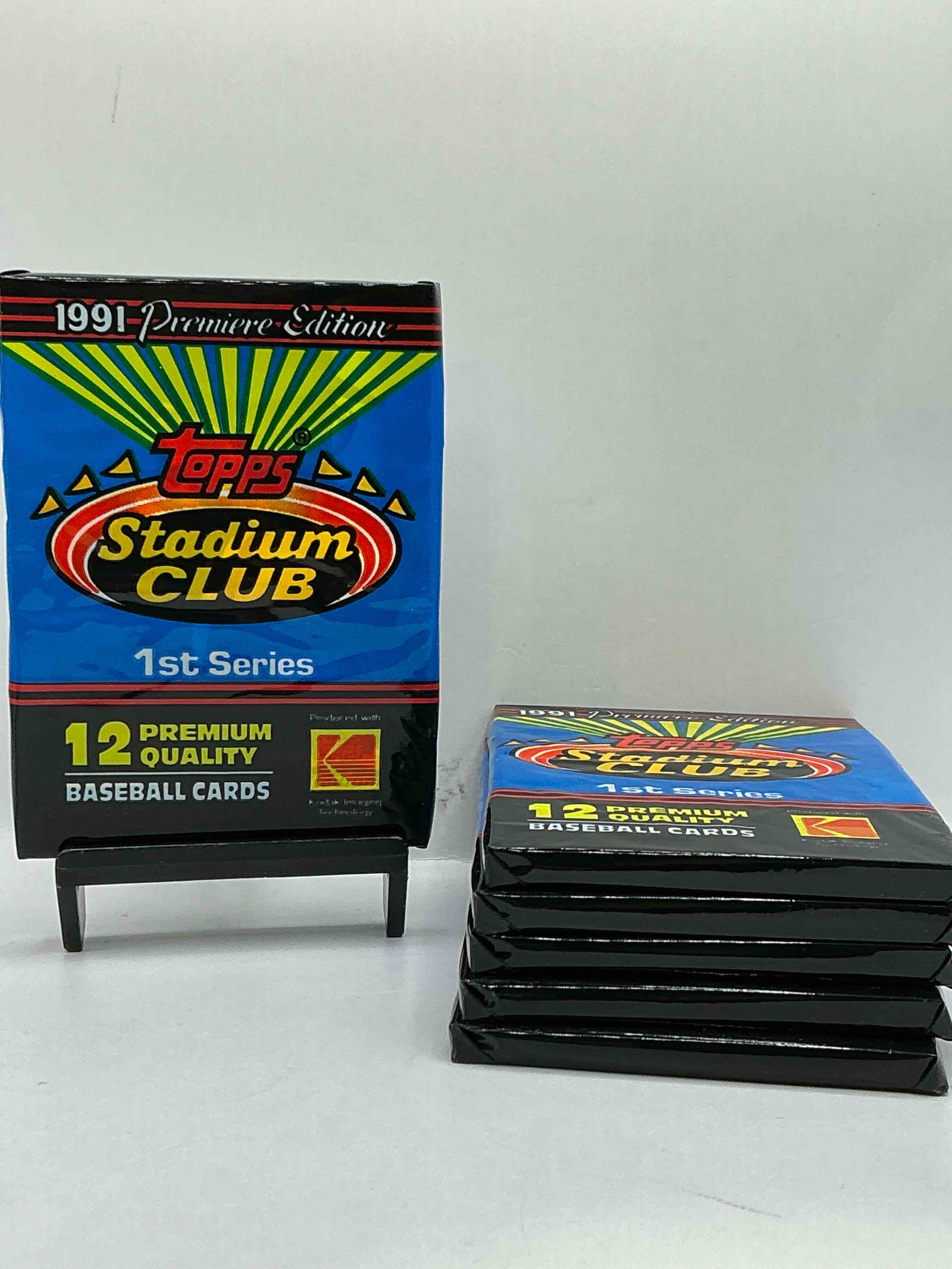 1991 baseball history! in 1991 topps developed & premium line of baseball cards to compete with upper deck... & here they are! 1991 topps baseball stadium club unopened wax pack, direct from original retail casel search for impressive cards such as ken griffey jr. #270 (psa 10 value $250), frank thomas #57 (psa 10 value $200) & nolan ryan #200 (psa 10 value $150.00). own a piece of sports card memorabilia history!