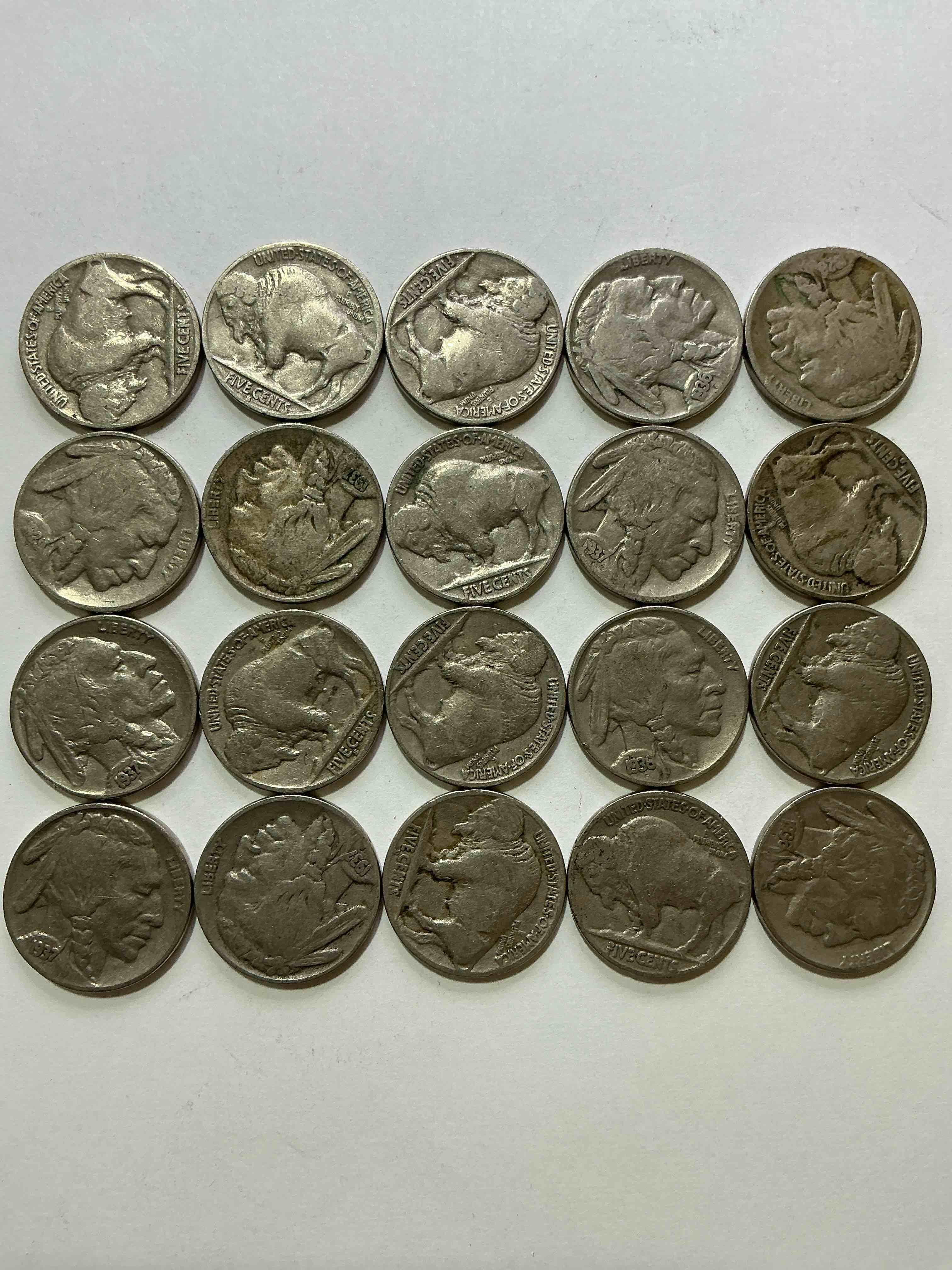 Condition photo showing Good Condition for historic buffalo nickels! indian head buffalo nickels were minted from 1913 to 1938 & have become a favorite for coin collectors around the world! own pieces of american history with these cool indian head buffalo nickels in circulated condition, most with visible dates which is very rare for buffalo nickels!