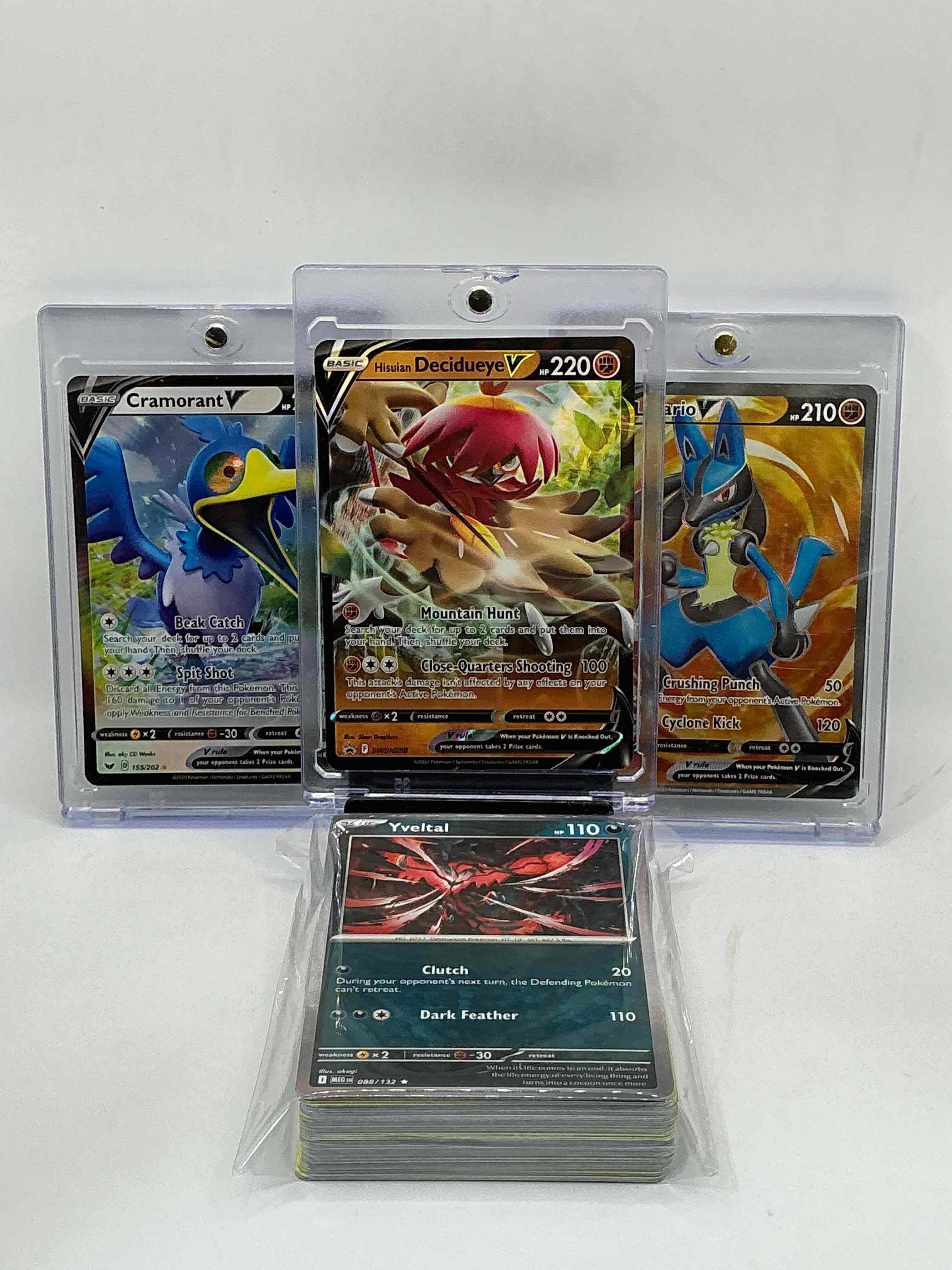 pokémon palooza! hisuian decidueye v! lucario v! cramorant v! along with 50 other pokémon heroes, holos, legends & commons- including 1 stage two rare holographic, 2 stage one rare holographic, 3 basic rare holographic, 4 common/ uncommon holographics (all stages), 2 stage two non holographic & 2 rares! also includes 36 non holo common/ uncommon basic & first stage cards trainers & energy too! perfect set for collectors & enthusiasts!