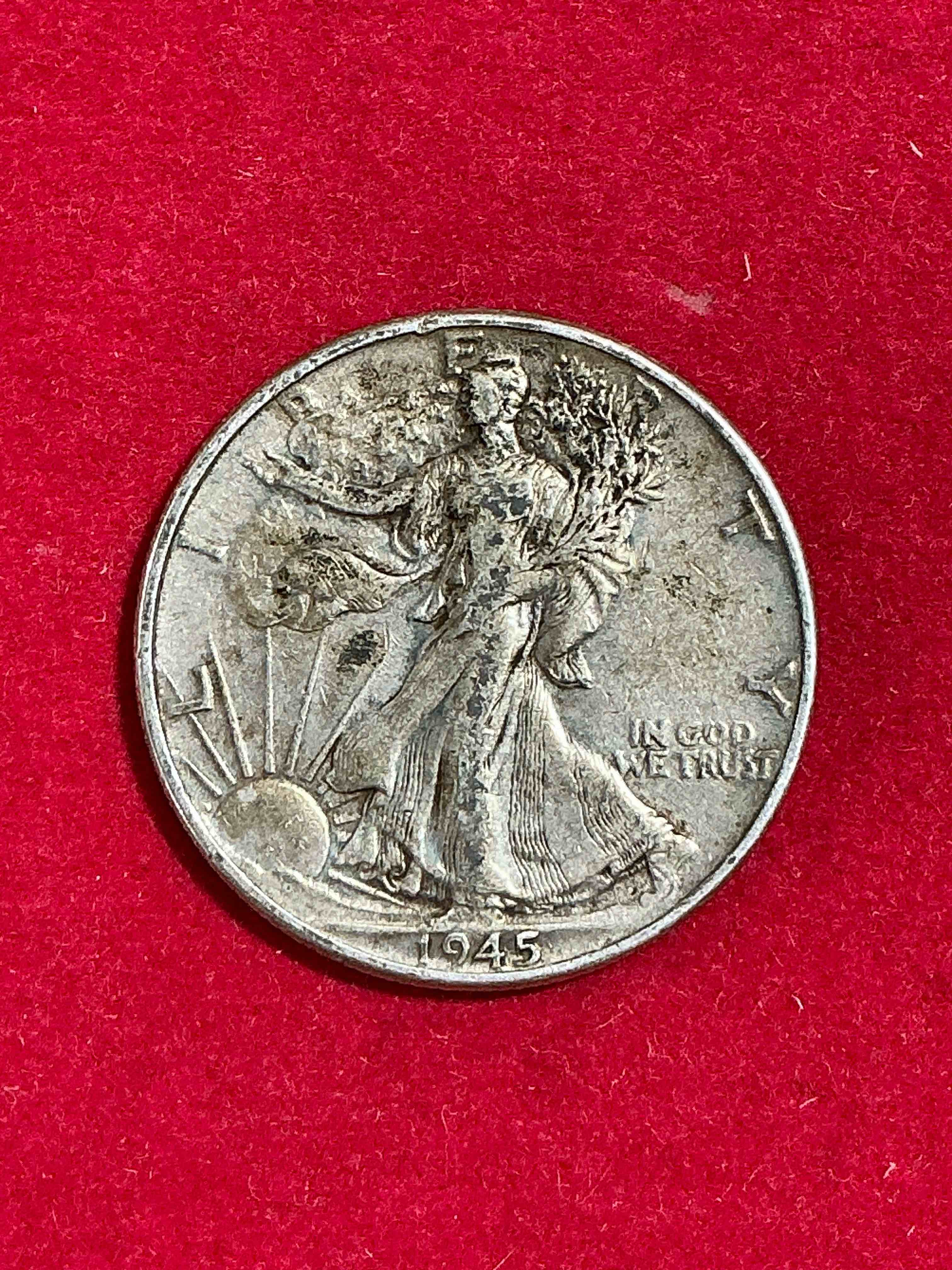 world war ii era silver! antique u.s. silver! liberty walking silver fine u.s. silver half dollar! this striking half dollars were minted from 1916-1947 & have become some of the most collectible coins in history! here is a striking appears uncirculated example from 1945! liberty walking coins are 90% fine u.s. silver, a great investment in precious metal!