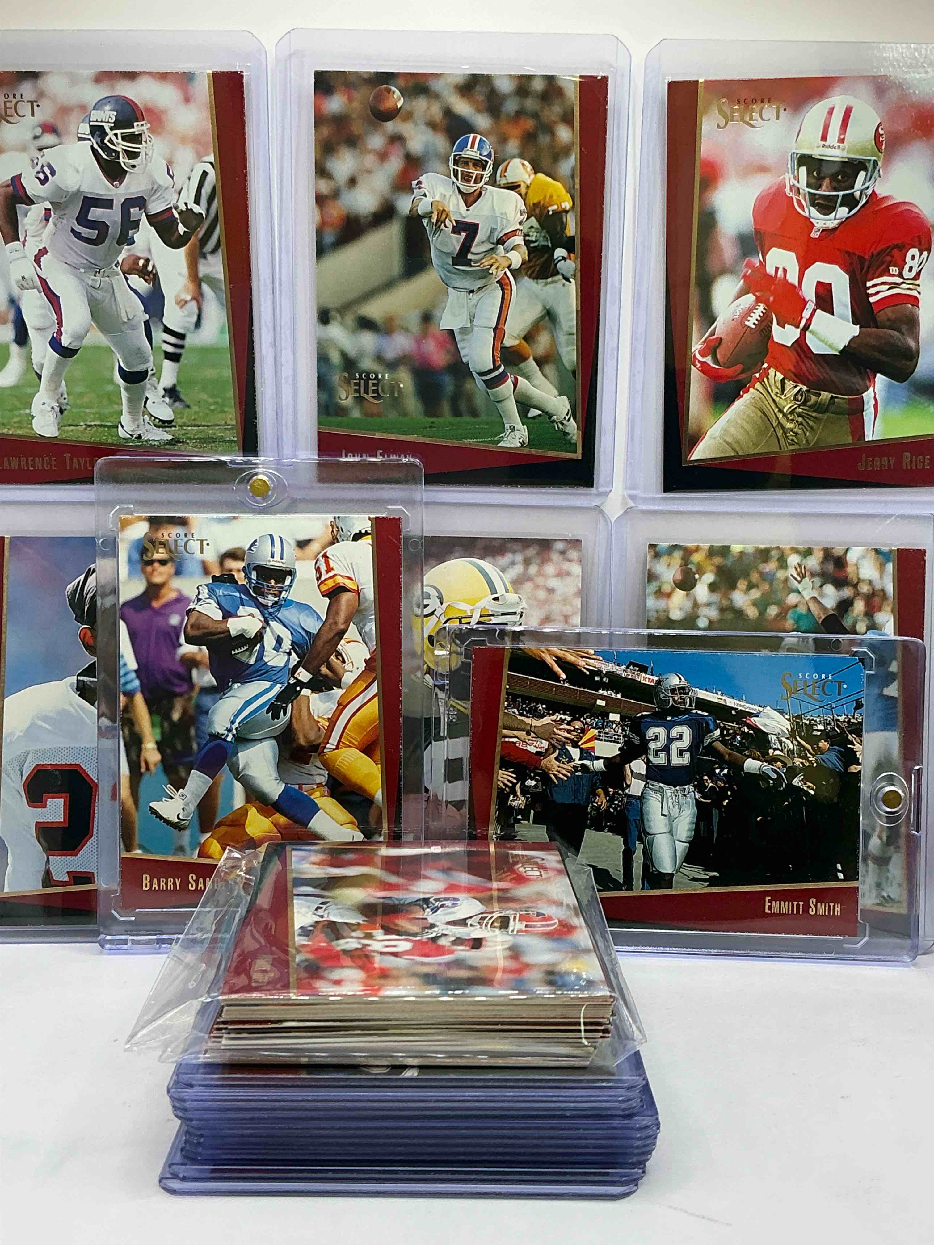 Condition photo showing New/Like New for 1993 score select football! emmitt smith, barry sanders, deion sanders, jerry rice, dan marino & much more! 50 card lot, includes commons & legends! select insanity, includes 80’s & 90’s football legends!