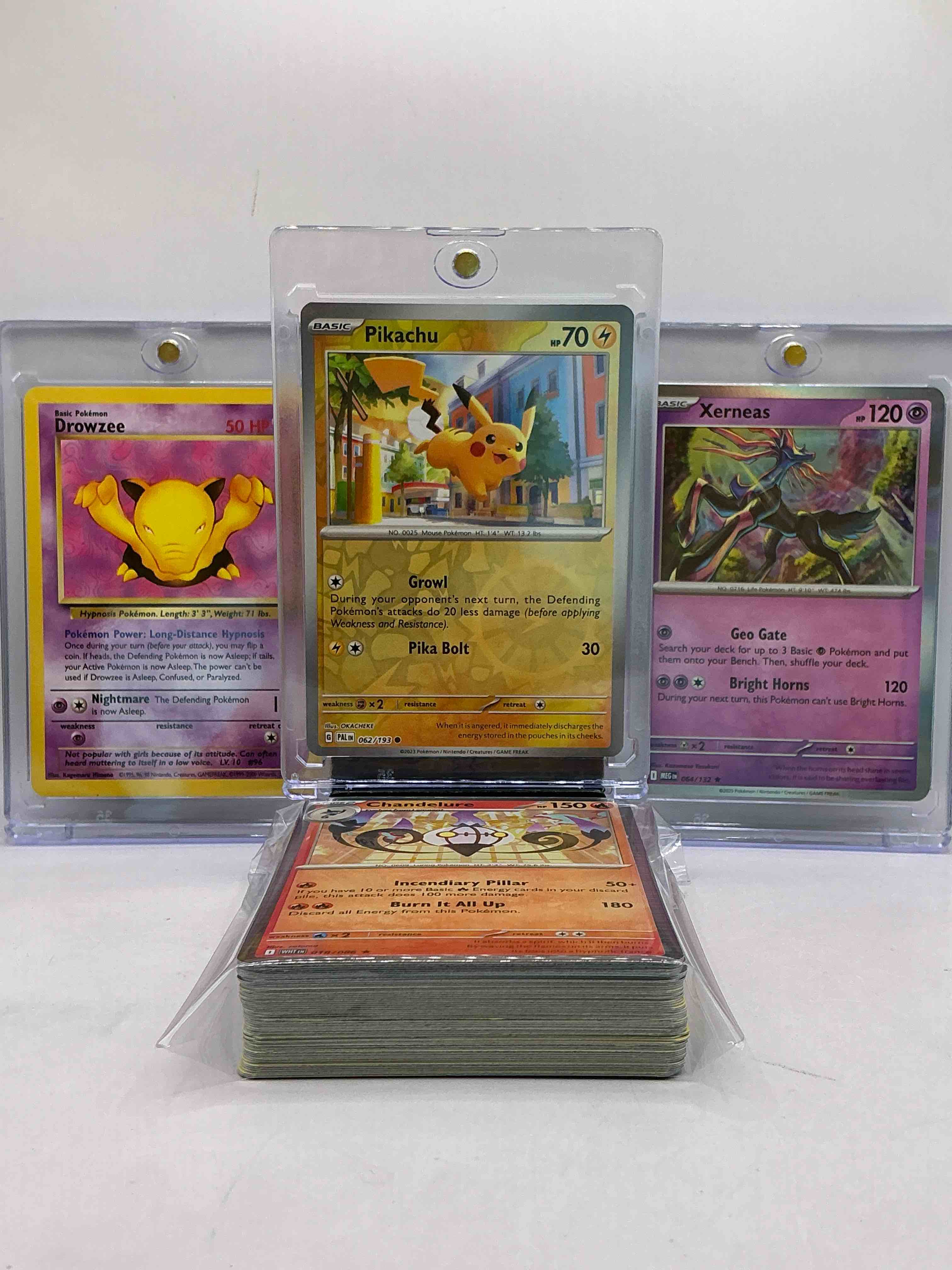 Product photo of pikachu holo basuc, drowzee vintage pokémon, xerneas holo & more! pokémon palooza! insane trio, along with 50 other pokémon heroes, holos, legends & commons- including 1 stage two rare holographic, 2 stage one rare holographic, 3 basic rare holographic, 4 common/ uncommon holographics (all stages), 2 stage two non holographic & 2 rares! also includes 36 non holo common/ uncommon basic & first stage cards trainers & energy too! perfect set for collectors & enthusiasts!