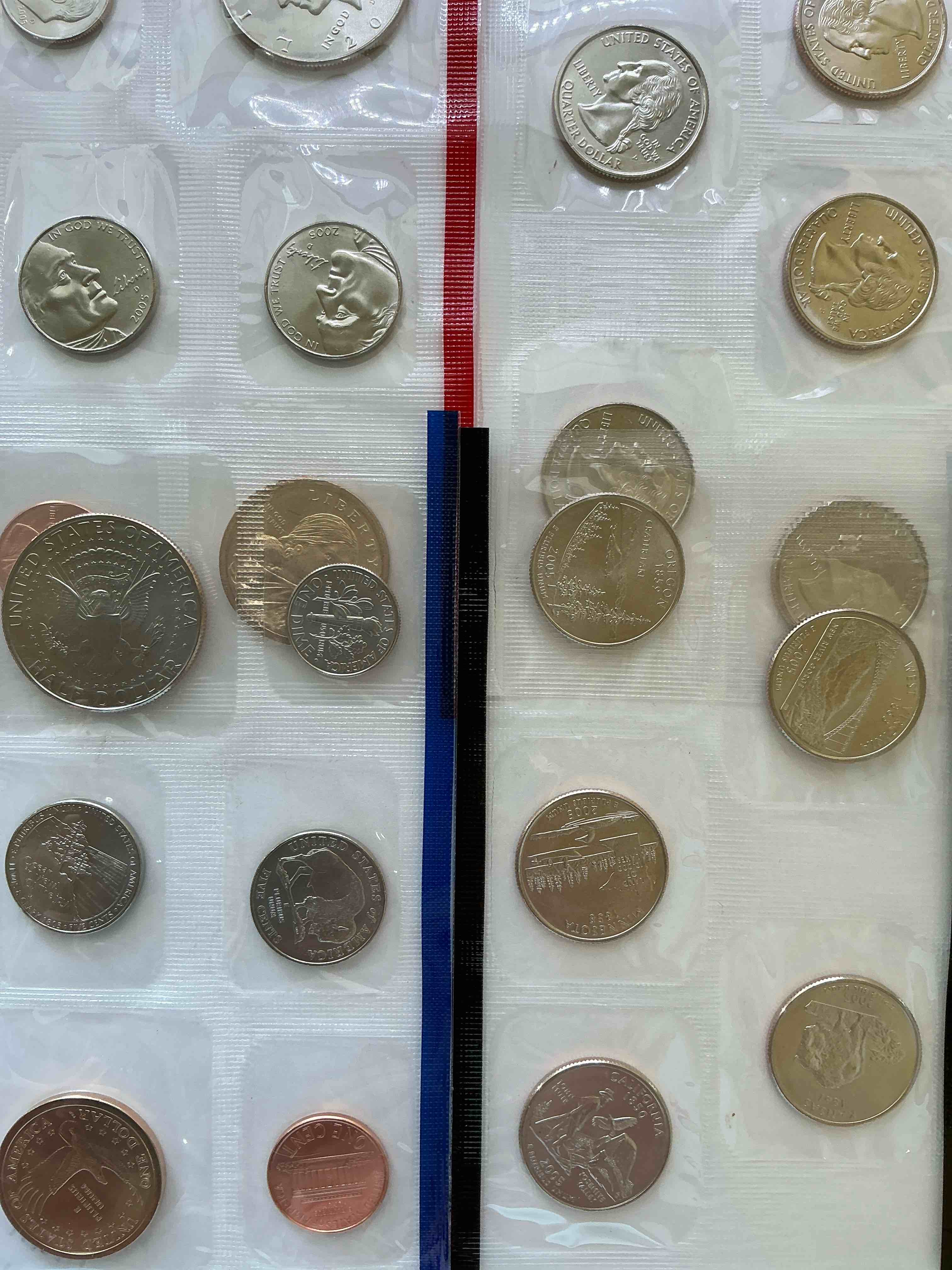 2005 uncirculated mint coins! 22 coin mint coins with state quarters! half dollars, one dollar coins, quarters, nickels, dimes & pennies! 20 coin uncirculated mint coins! 