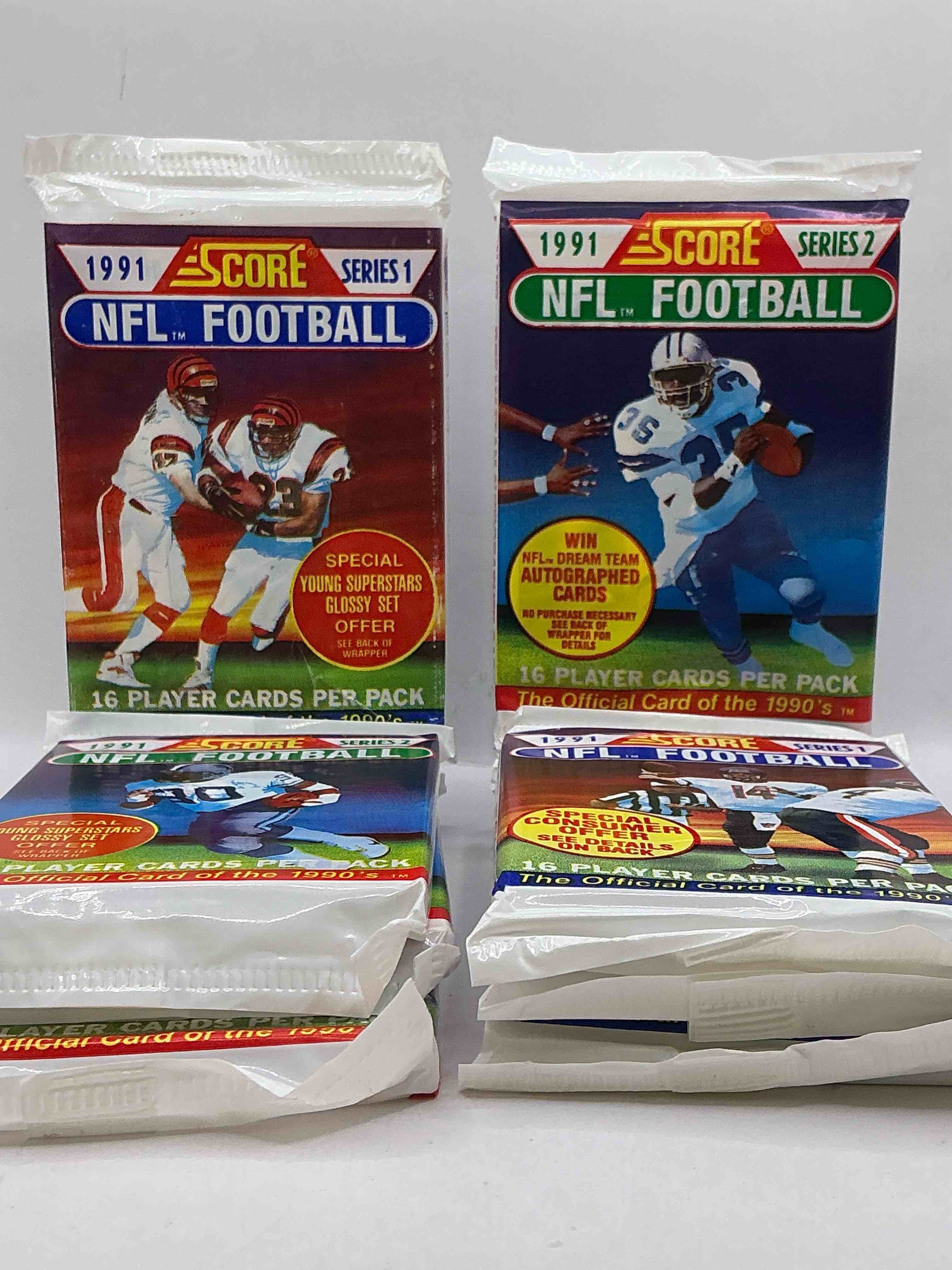 1991 nfl score football sealed card packs series i direct from original retail case! these cards are sought after by collectors for their awesome, nostalgic look. search for brett favre rookie, early jerry rice, early emmit smith, joe montana & so much more!