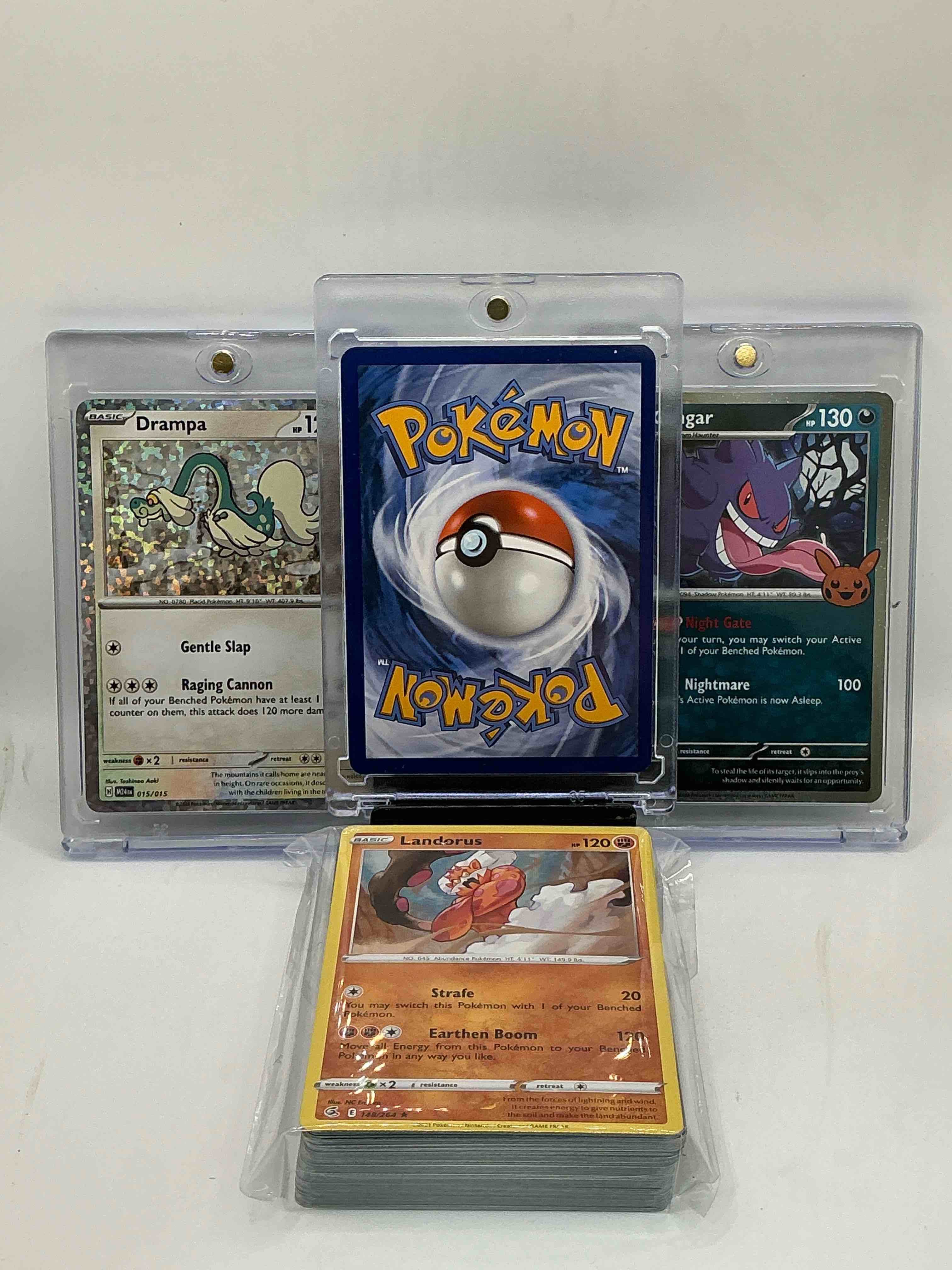 Condition photo showing New/Like New for pokémon palooza! samurott, drampa & gengar! along with 50 other pokémon heroes, holos, legends & commons- including 1 stage two rare holographic, 2 stage one rare holographic, 3 basic rare holographic, 4 common/ uncommon holographics (all stages), 2 stage two non holographic & 2 rares! also includes 36 non holo common/ uncommon basic & first stage cards trainers & energy too! perfect set for collectors & enthusiasts!