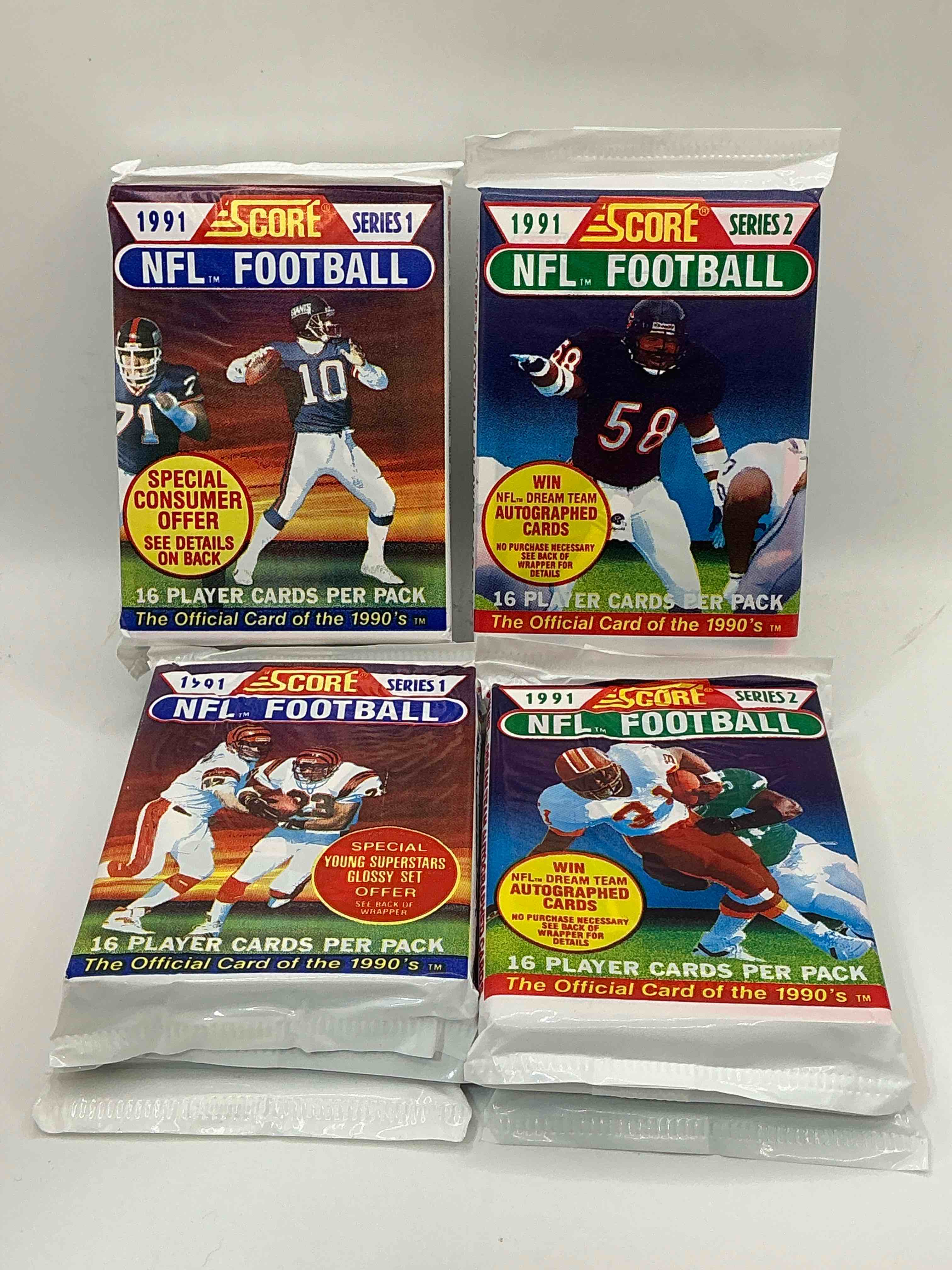 1991 nfl score football sealed card packs series i & ii direct from original retail case! these cards are sought after by collectors for their awesome, nostalgic look. search for brett favre rookie, early jerry rice, early emmit smith, joe montana & so much more!