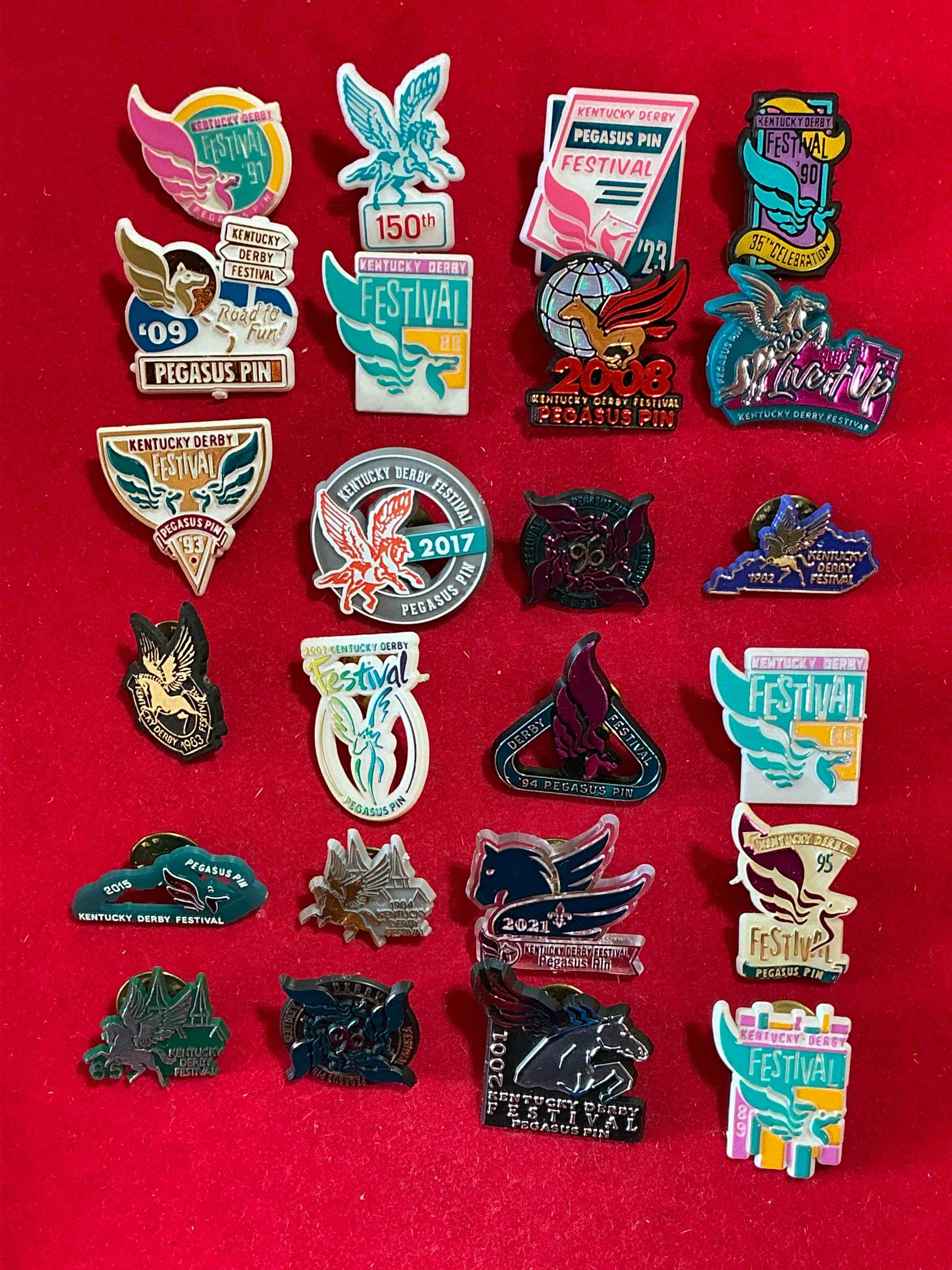 ky derby fans wow! beautiful ky derby pins spanning forty plus years of different derby runnings! all have back pins & are in like new condition! some are metal & some plastic. nearly impossible to collect!