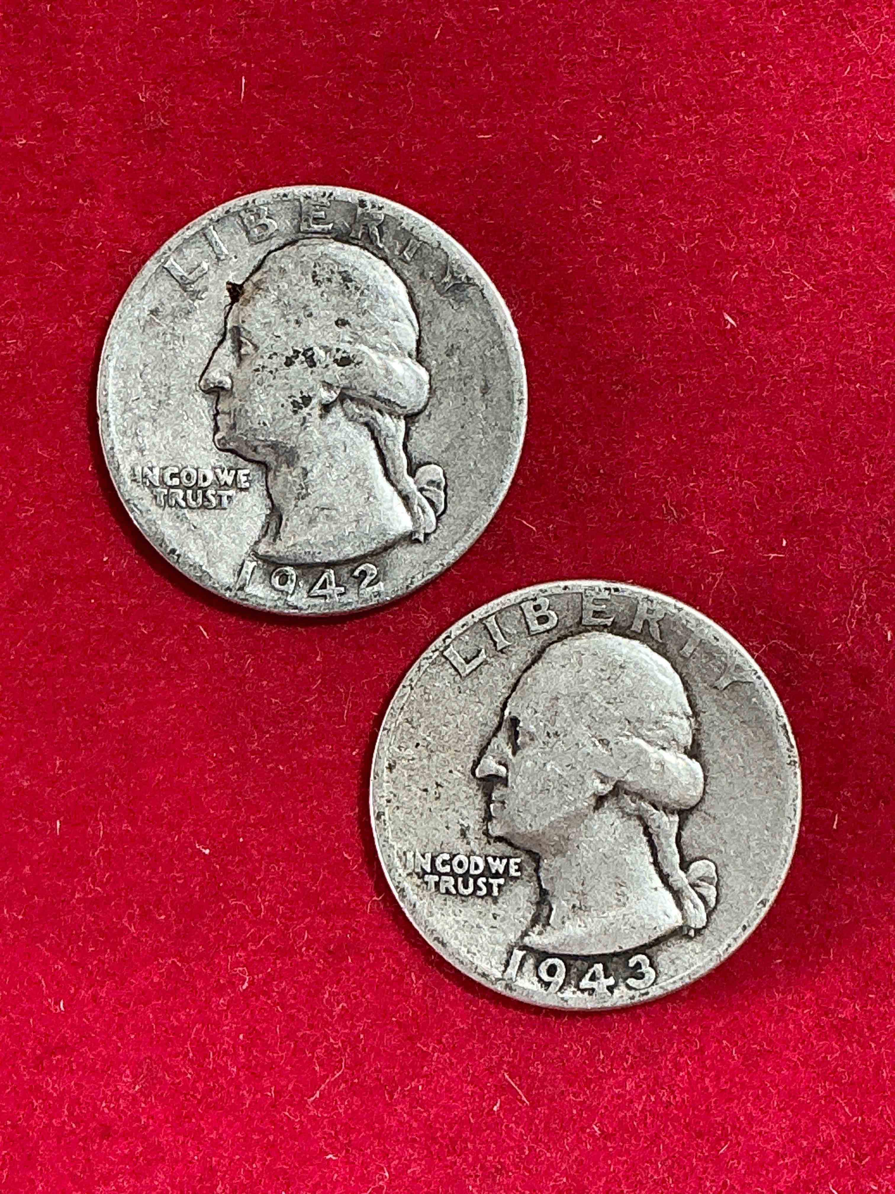 george washington wwii brilliant silver! pre 1965 u.s. quarter dollar coins were actually silver, here are two great examples of awesome, pristine george washington silver quarters, stunning & circulated! rare 1942 & 1943 mints! great for investing in precious metals! these coins were minted at 90% silver and 10% copper, giving them a net weight of .18084 ounces of pure silver per coin! very hard to find, stunning! invest in fine u.s. silver!