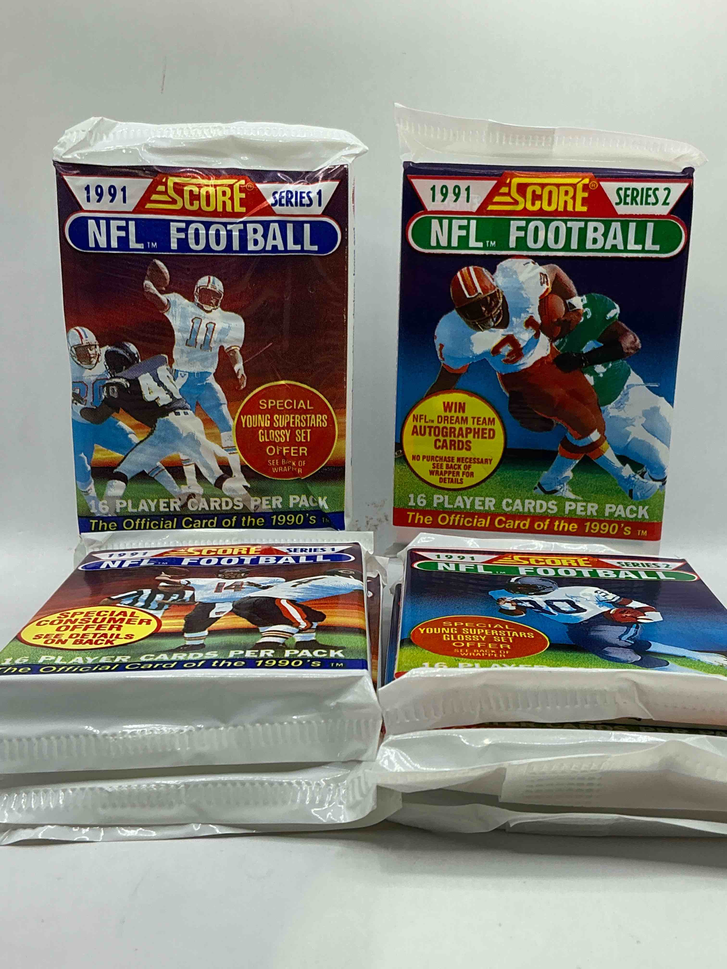 1991 nfl score football sealed card packs series i & ii direct from original retail case! these cards are sought after by collectors for their awesome, nostalgic look. search for brett favre rookie, early jerry rice, early emmit smith, joe montana & so much more!