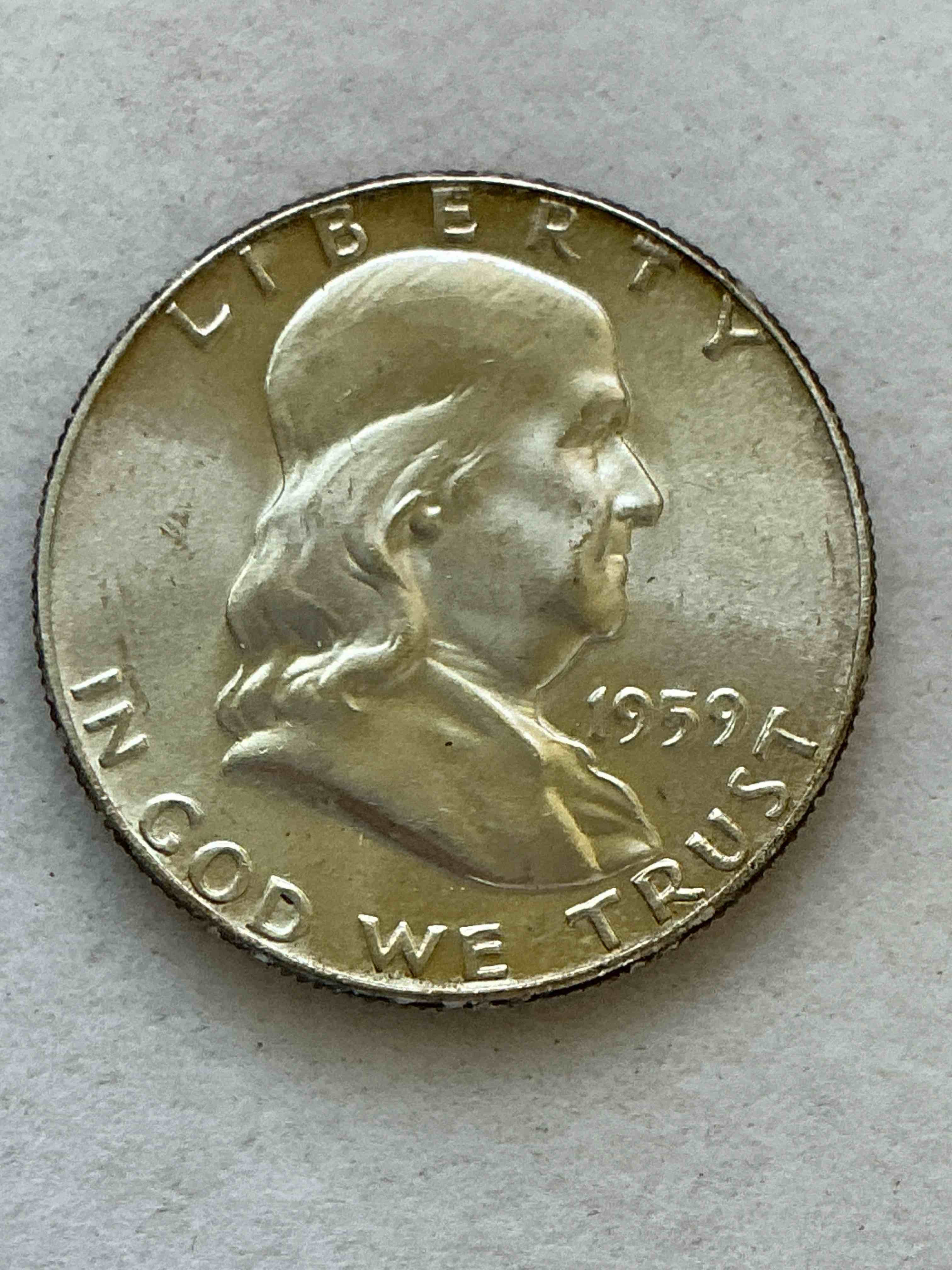 Ben Franklin Silver! Pre 1965 Silver U.S. Half Dollar Coins! Before 1965 American Half Dollars Were Actually Silver, Here Is A Rare 1959 Version in Excellent Condition! Great For Investing In Precious Metals! These Heavy Half Dollars Were Minted At 90% Silver and 10% Copper, Giving Them A Net Weight Of .36169 Ounces Of Pure Silver Per Coin! Very Rare In This Great. Condition!