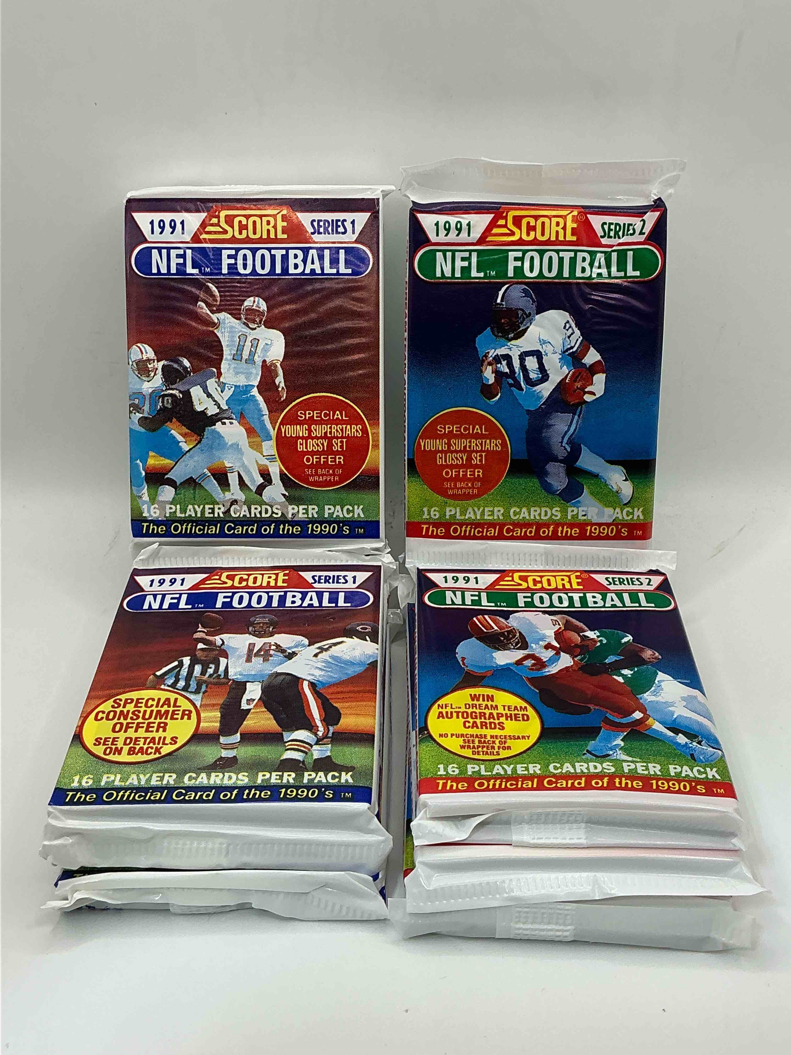 1991 nfl score football sealed card packs series i & ii direct from original retail case! these cards are sought after by collectors for their awesome, nostalgic look. search for brett favre rookie, early jerry rice, early emmit smith, joe montana & so much more!