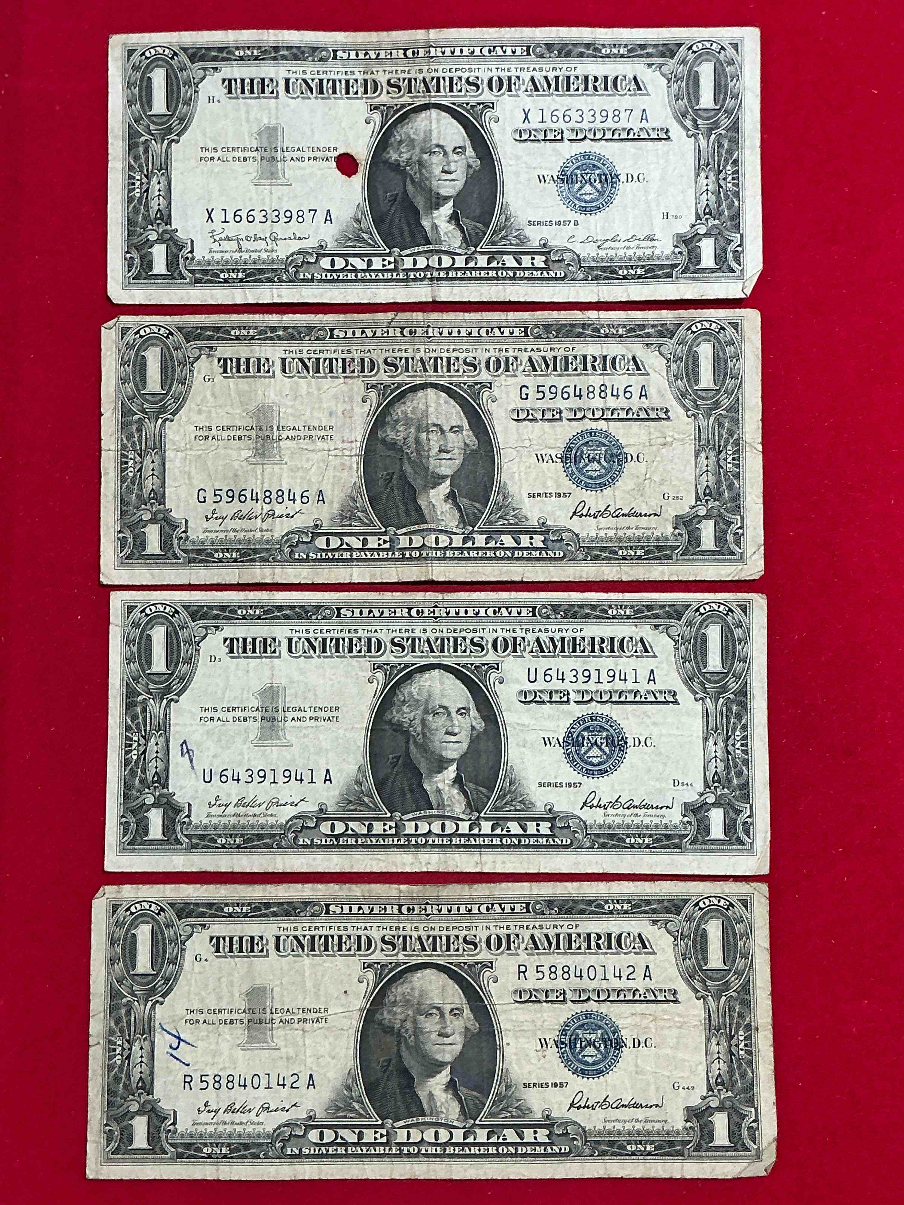 1957b silver certificates! did you know that prior to 1964 one dollar u.s. paper money was actually redeemable for silver dollars?! wow how times have changed! silver certificates were produced from 1878 to 1964 & are still considered legal tender at face value. here are gorgeous, circulated 1935 & 1957 u.s. one dollar silver certificate, with highly collectible "blue seal!* own an awesome piece of history!