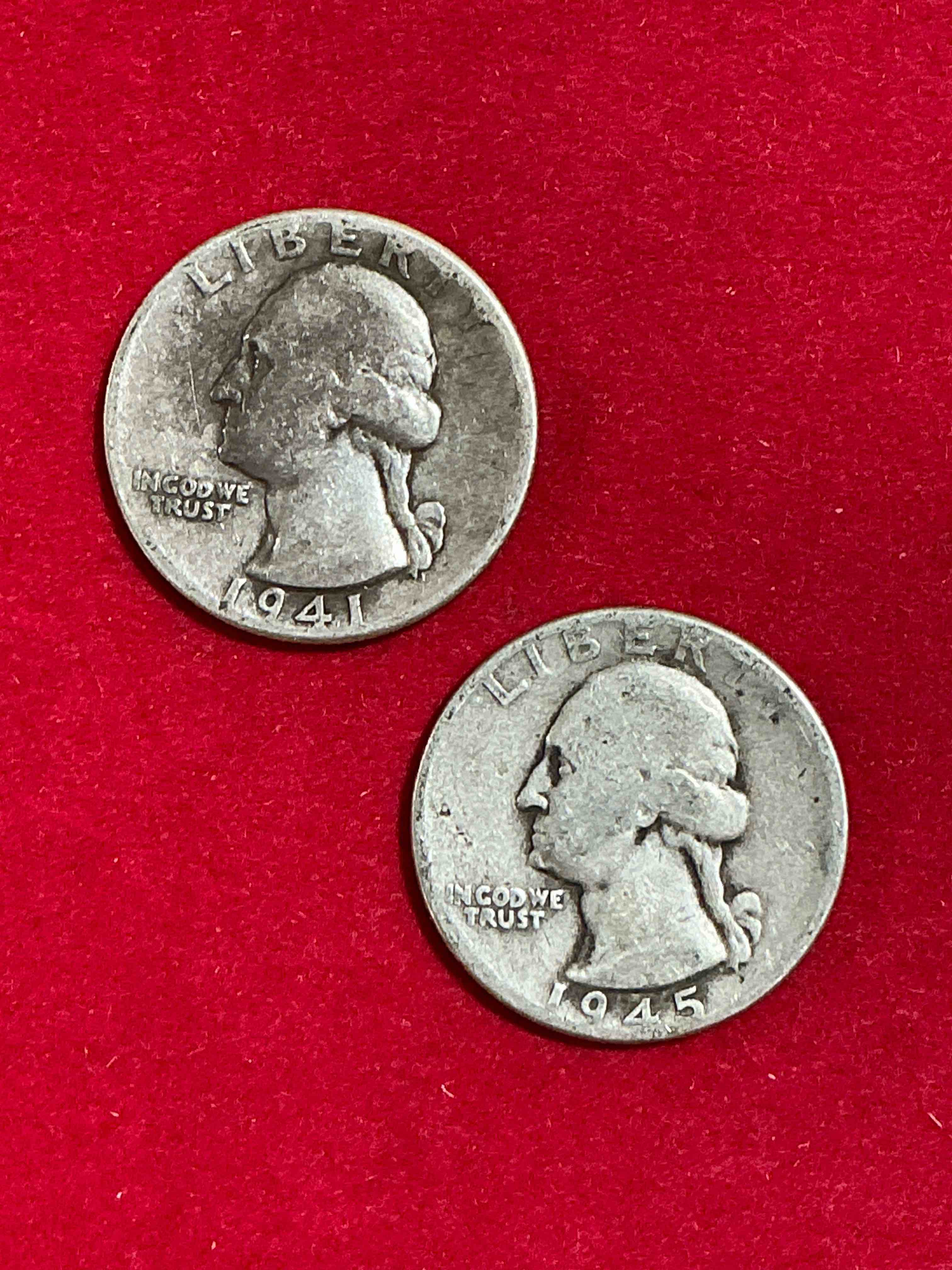 george washington wwii brilliant silver! pre 1965 u.s. quarter dollar coins were actually silver, here are two great examples of awesome, pristine george washington silver quarters, stunning & circulated! rare 1941 & 1945 mints! great for investing in precious metals! these coins were minted at 90% silver and 10% copper, giving them a net weight of .18084 ounces of pure silver per coin! very hard to find, stunning! invest in fine u.s. silver!