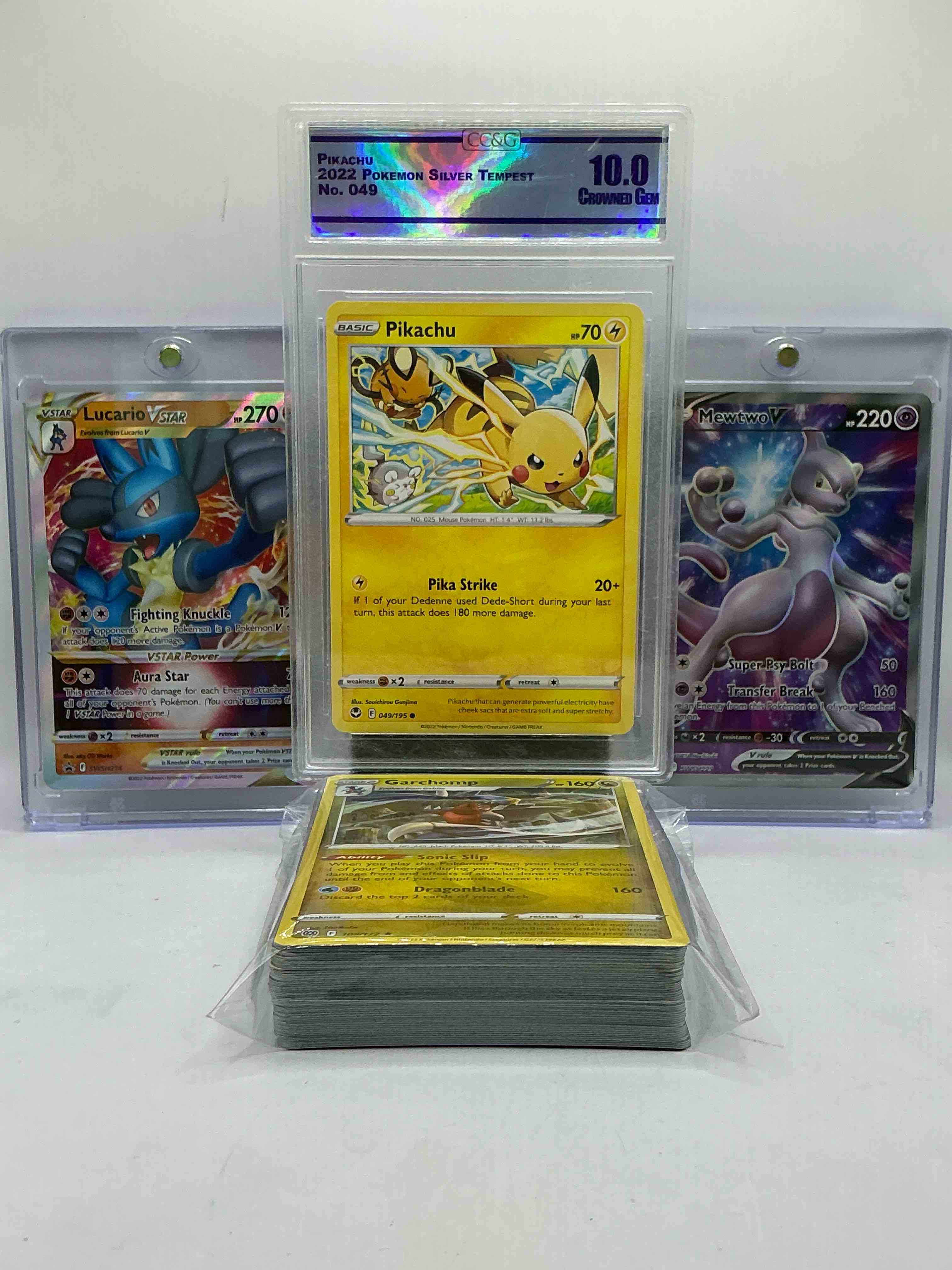 Condition photo showing New/Like New for gem mint 10 pikachu, lucario & mewtwo v! wow! these awesome pokemon, along with 50 other pokémon heroes, holos, legends & commons- including 1 stage two rare holographic, 2 stage one rare holographic, 3 basic rare holographic, 4 common/ uncommon holographics (all stages), 2 stage two non holographic & 2 rares! also includes 36 non holo common/ uncommon basic & first stage cards trainers & energy too! perfect set for collectors & enthusiasts!