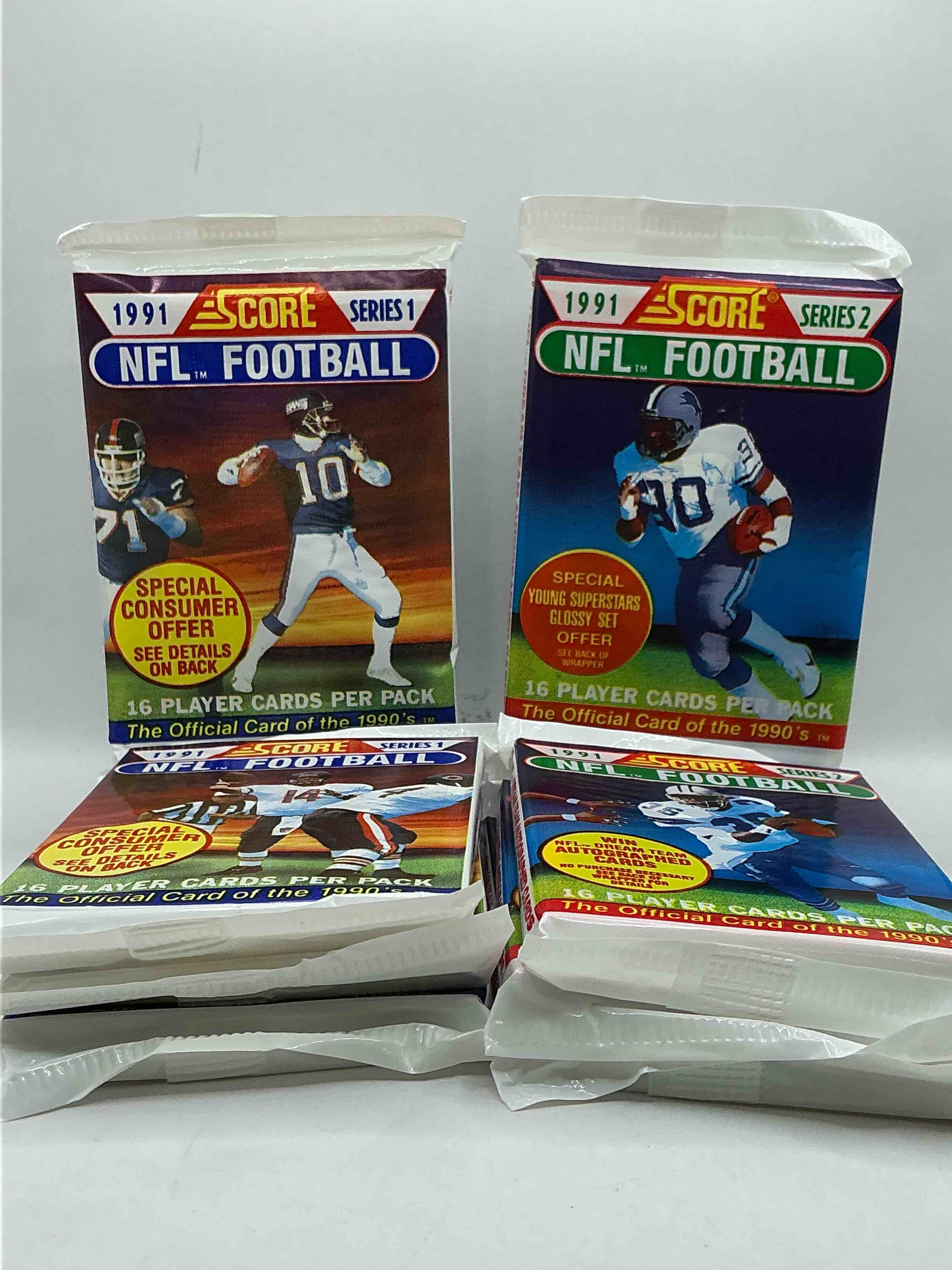 1991 nfl score football sealed card packs series i & ii direct from original retail case! these cards are sought after by collectors for their awesome, nostalgic look. search for brett favre rookie, early jerry rice, early emmit smith, joe montana & so much more!