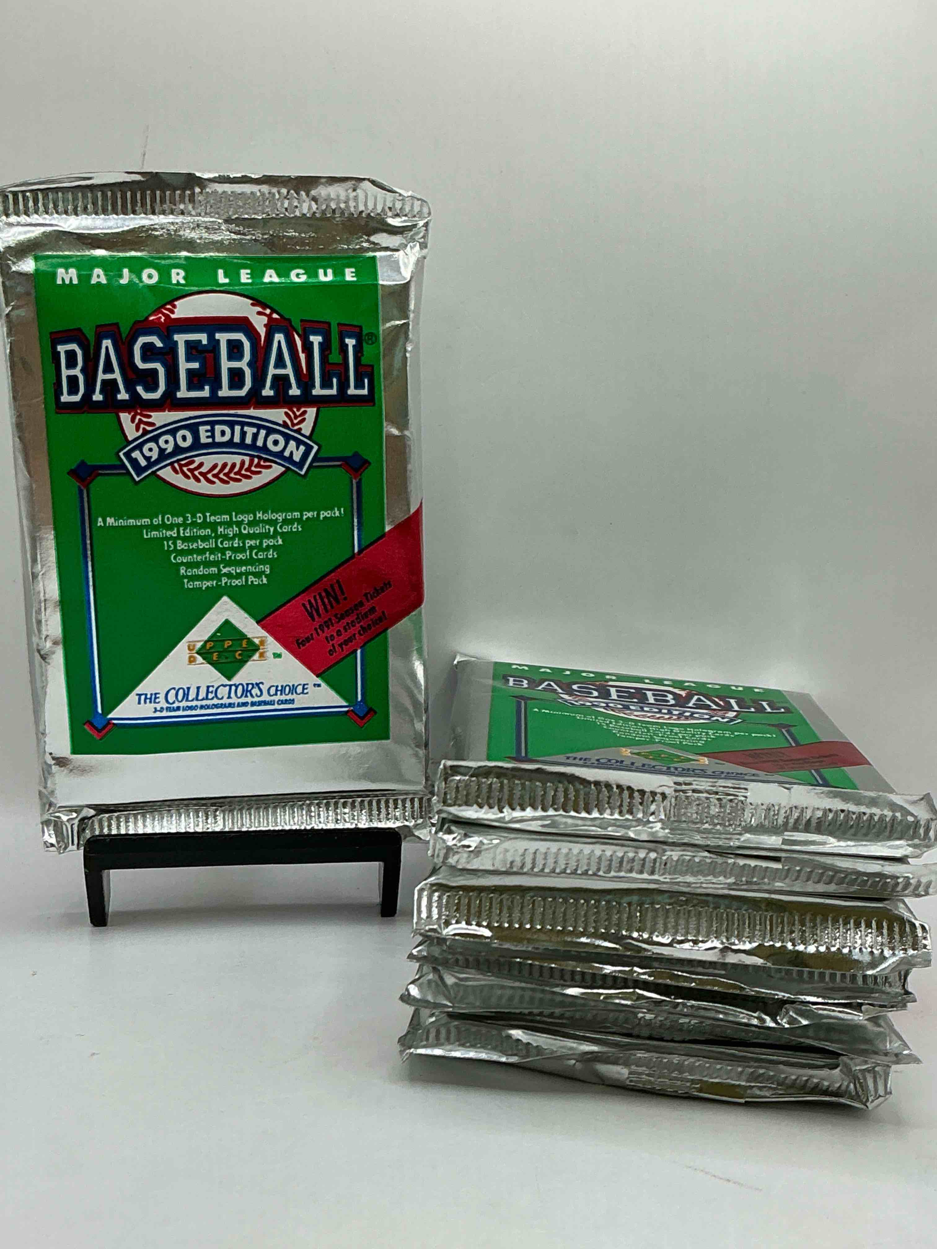 1990 upper deck baseball unopened sports trading card packs! direct from original box! look for possible collector's 3d team logo card! as well as early ken griffey jr. cards!