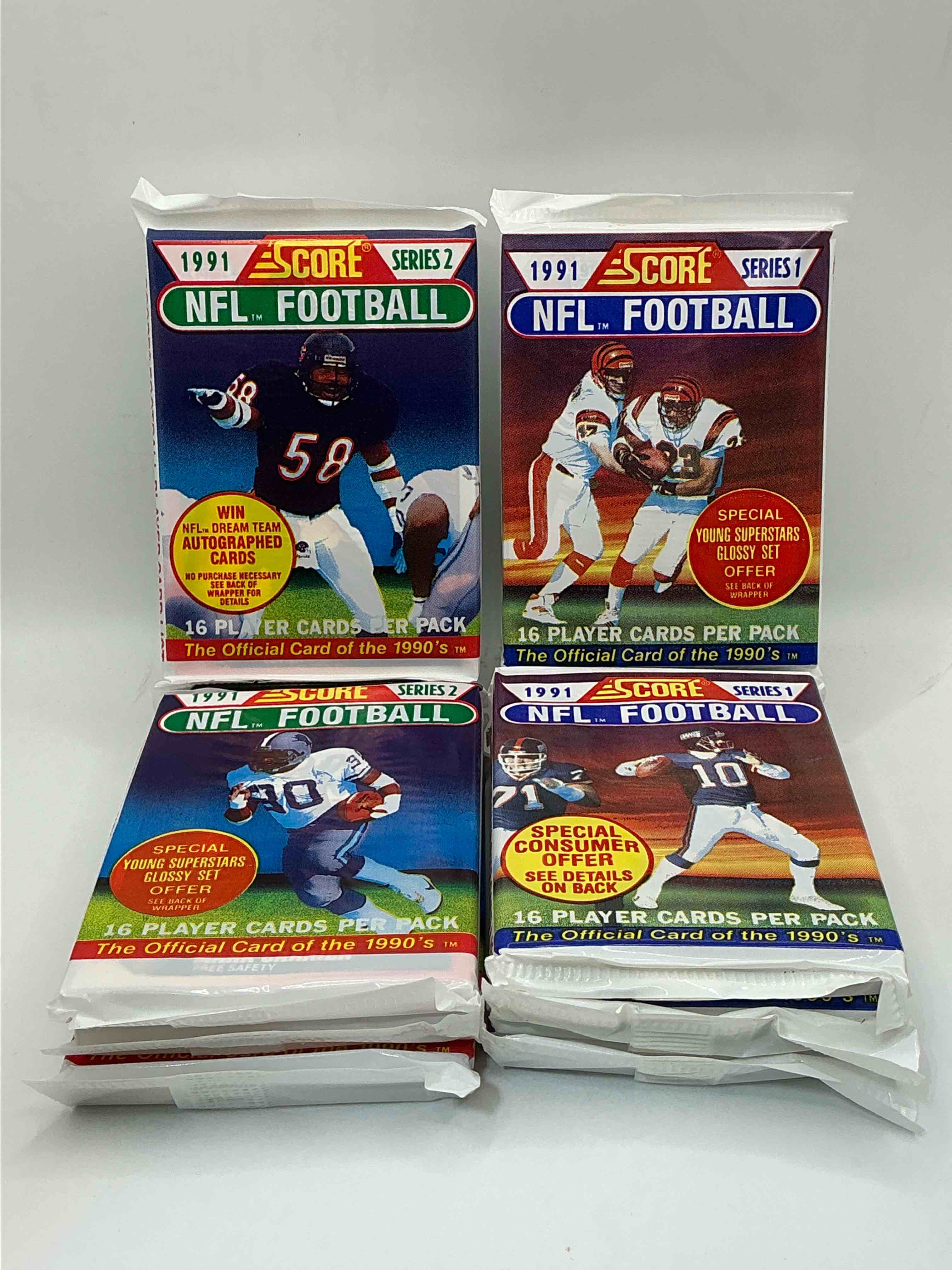 1991 nfl score football sealed card packs series i & ii direct from original retail case! these cards are sought after by collectors for their awesome, nostalgic look. search for brett favre rookie, early jerry rice, early emmit smith, joe montana & so much more!