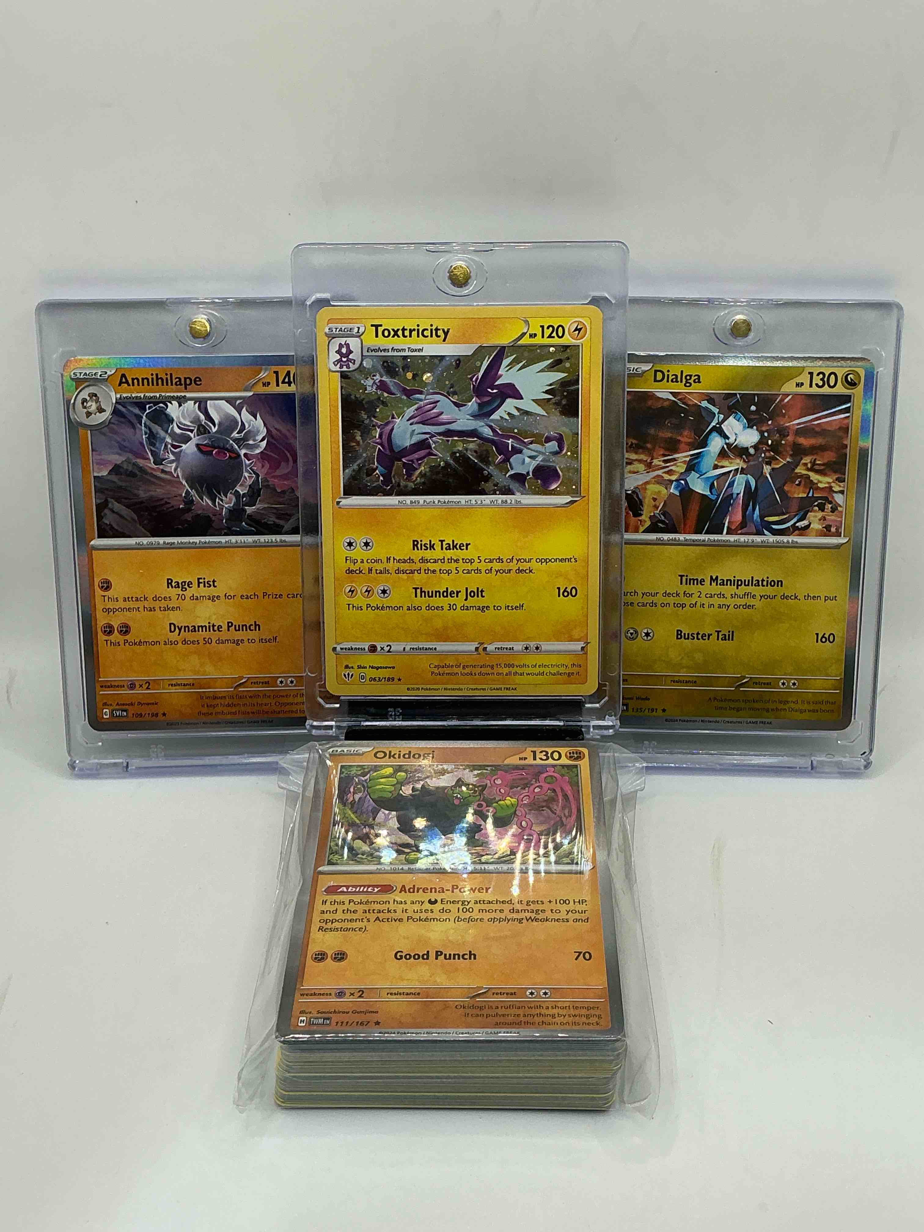 Pokémon Palooza! Toxtricity! Dialga! Annihilape! Along With 50 Other Pokémon Heroes, Holos, Legends & Commons- Including 1 Stage Two Rare Holographic, 2 Stage One Rare Holographic, 3 Basic Rare Holographic, 4 Common/ Uncommon Holographics (All Stages), 2 Stage Two Non Holographic & 2 Rares! Also Includes 36 Non Holo Common/ Uncommon Basic & First Stage Cards Trainers & Energy Too! Perfect Set For Collectors & Enthusiasts!