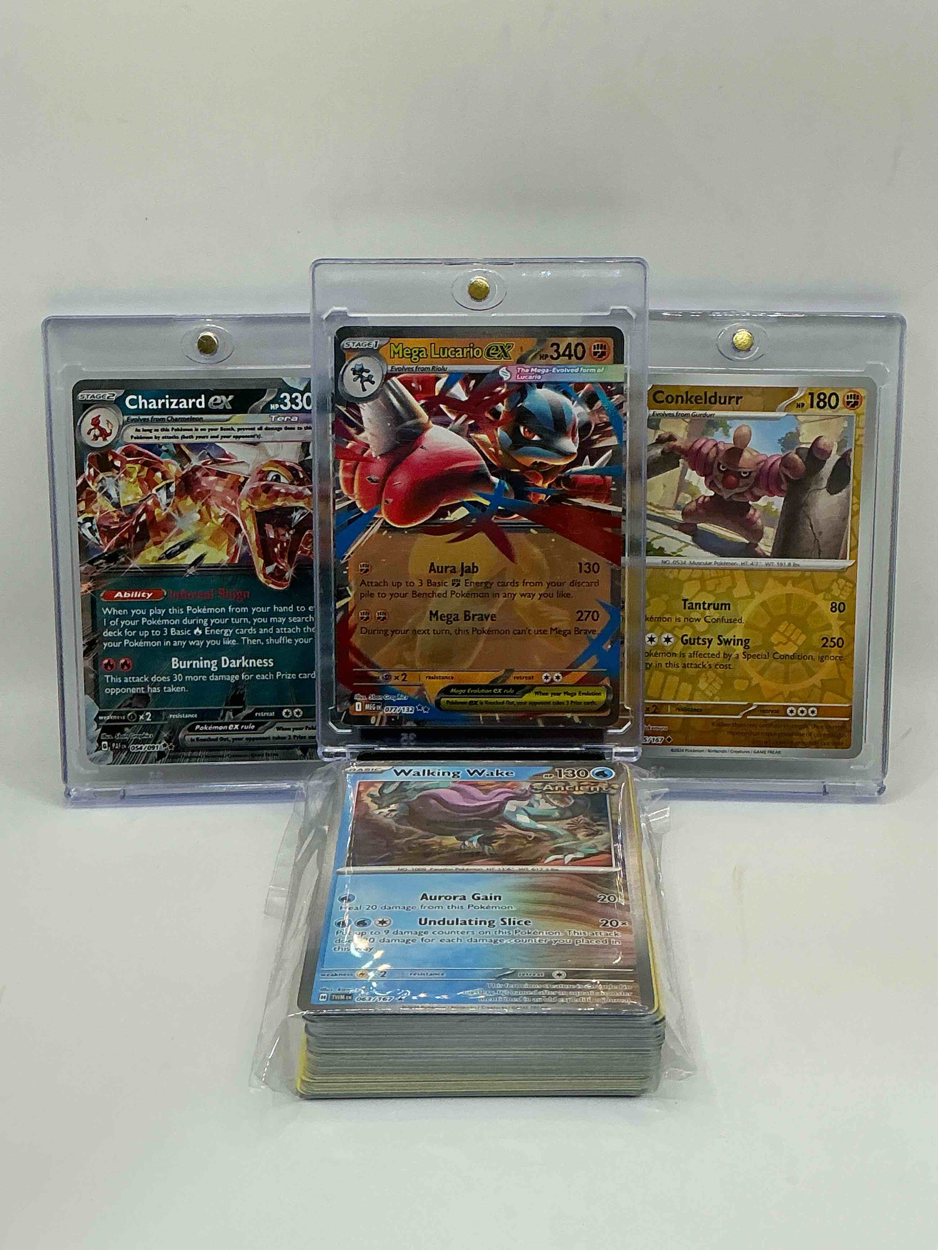 pokémon palooza! mega lucario ex! charizard ex! conkeldurr! along with 50 other pokémon heroes, holos, legends & commons- including 1 stage two rare holographic, 2 stage one rare holographic, 3 basic rare holographic, 4 common/ uncommon holographics (all stages), 2 stage two non holographic & 2 rares! also includes 36 non holo common/ uncommon basic & first stage cards trainers & energy too! perfect set for collectors & enthusiasts!