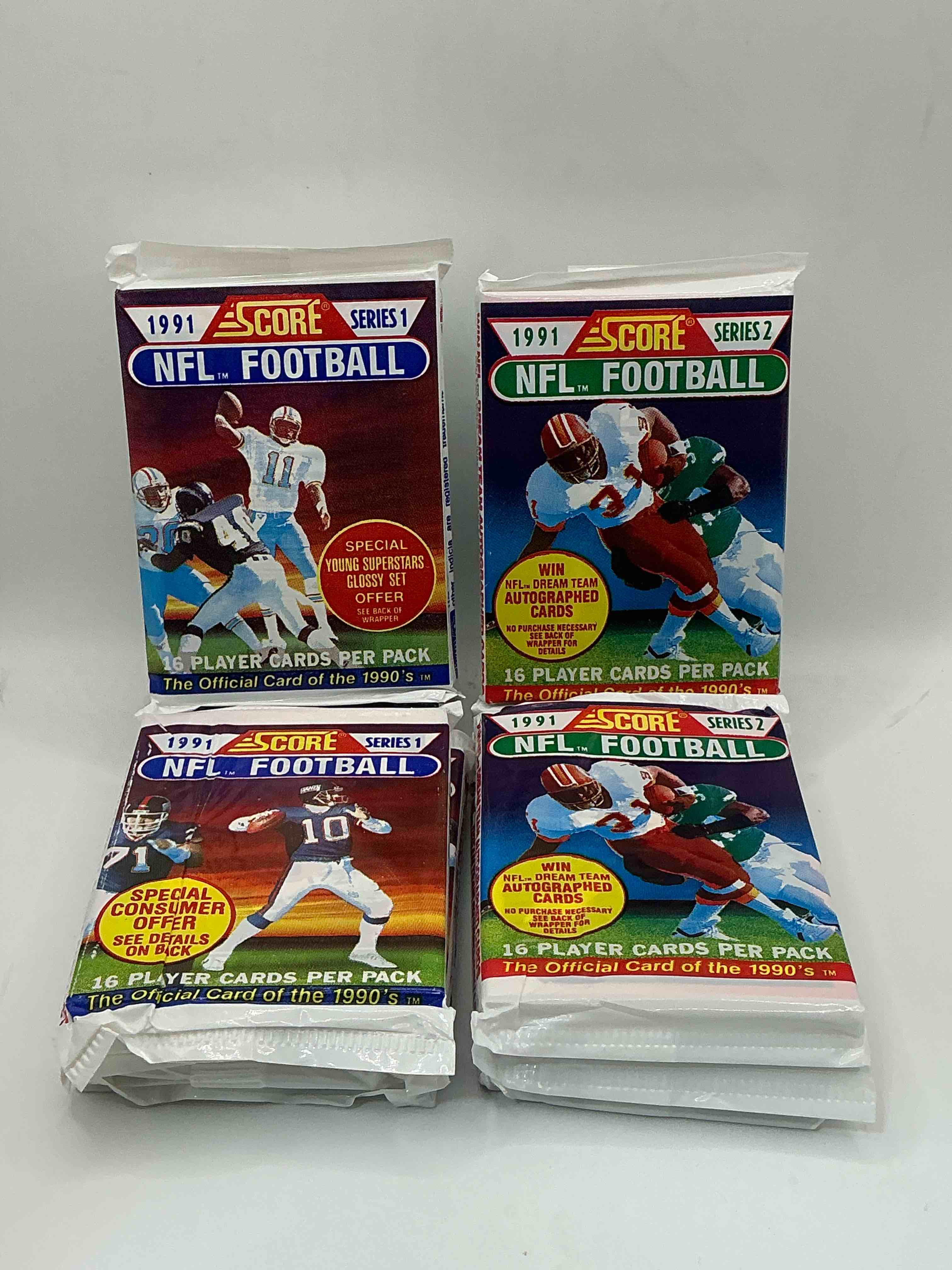 1991 nfl score football sealed card packs series i & ii direct from original retail case! these cards are sought after by collectors for their awesome, nostalgic look. search for brett favre rookie, early jerry rice, early emmit smith, joe montana & so much more!