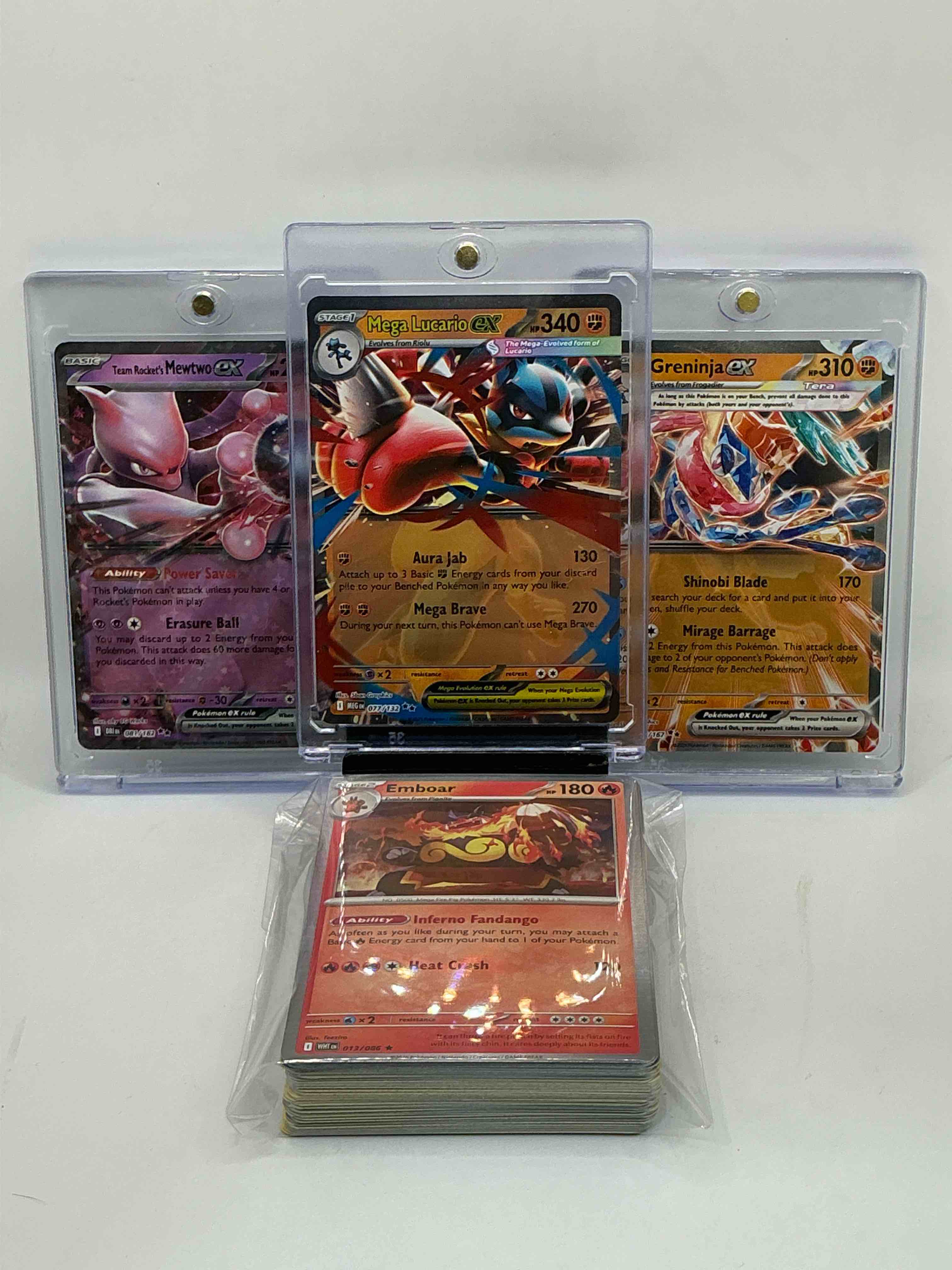 pokémon palooza! mega lucario ex! team rocket’s mewtwo ex! greninja ex! along with 50 other pokémon heroes, holos, legends & commons- including 1 stage two rare holographic, 2 stage one rare holographic, 3 basic rare holographic, 4 common/ uncommon holographics (all stages), 2 stage two non holographic & 2 rares! also includes 36 non holo common/ uncommon basic & first stage cards trainers & energy too! perfect set for collectors & enthusiasts!