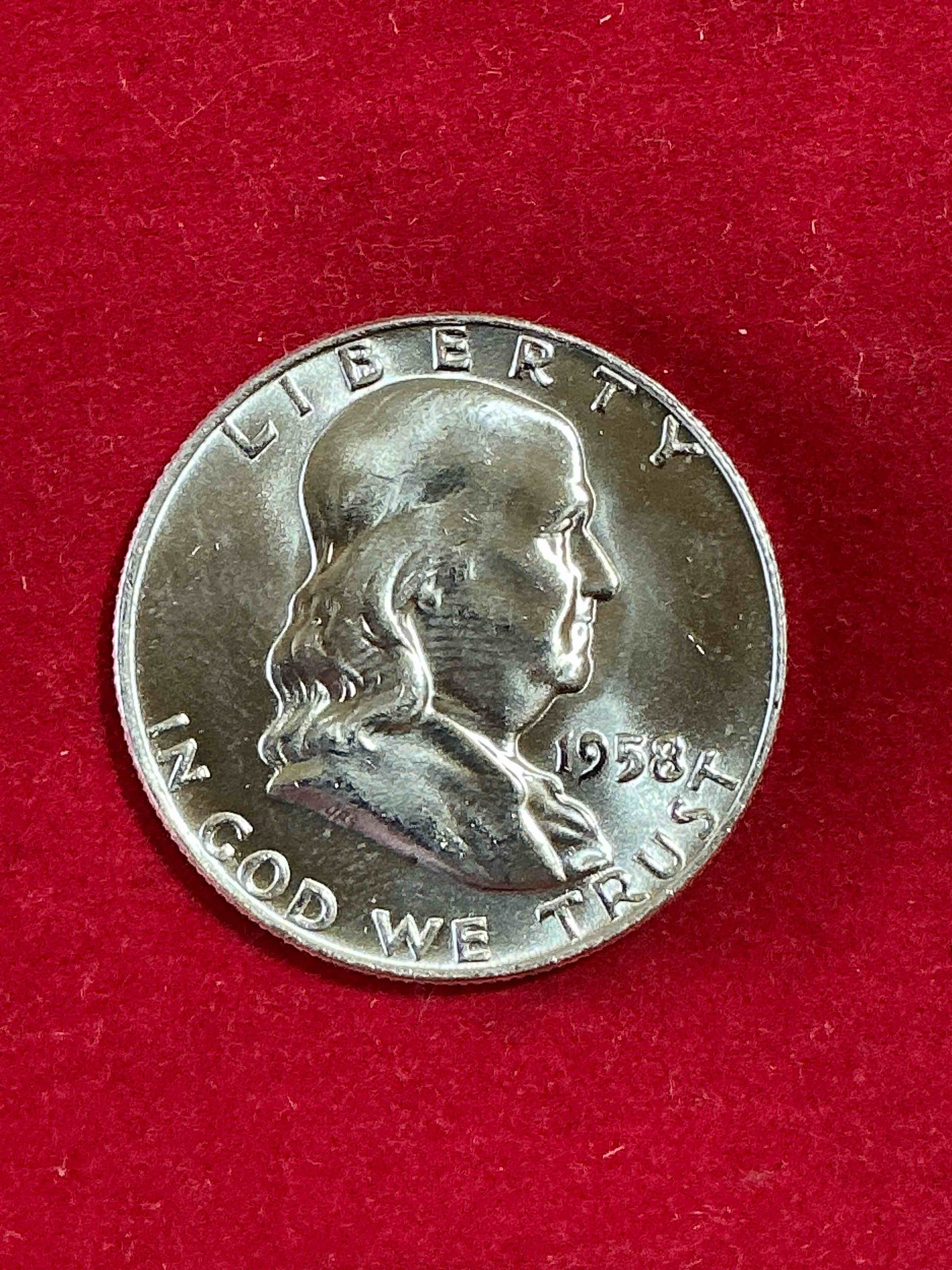 ben franklin silver! pre 1965 silver u.s. half dollar coins! before 1965 american half dollars were actually silver, here is a rare 1958 version in good condition! great for investing in precious metals! these heavy half dollars were minted at 90% silver and 10% copper, giving them a net weight of .36169 ounces of pure silver per coin! very rare in this great condition!
