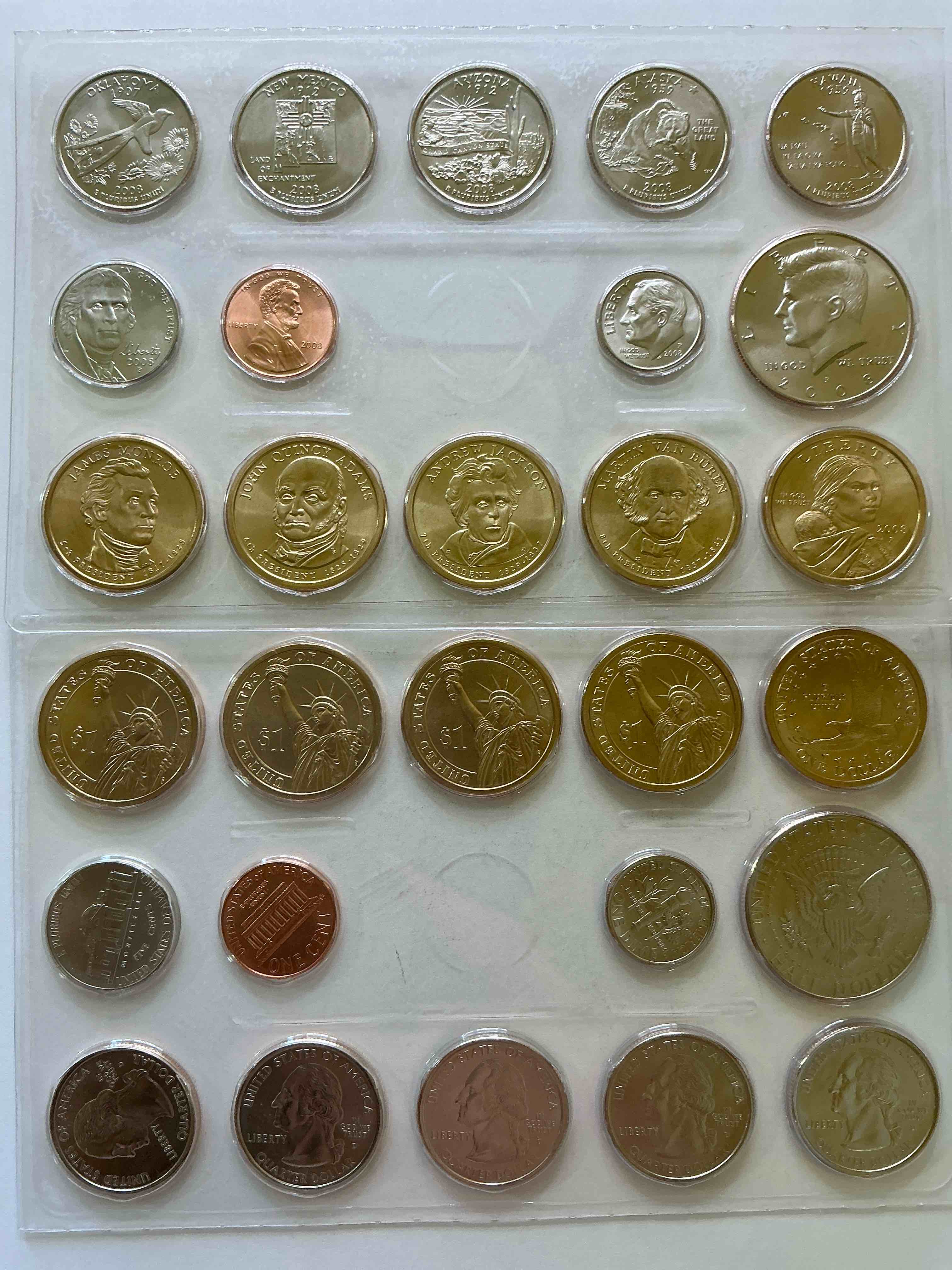 28 coin craziness! denver & philly mints! 2008 uncirculated mint set coins! includes half dollars, president dollar coins, dimes, nickels, pennies & quarters! cool coin collectible! 