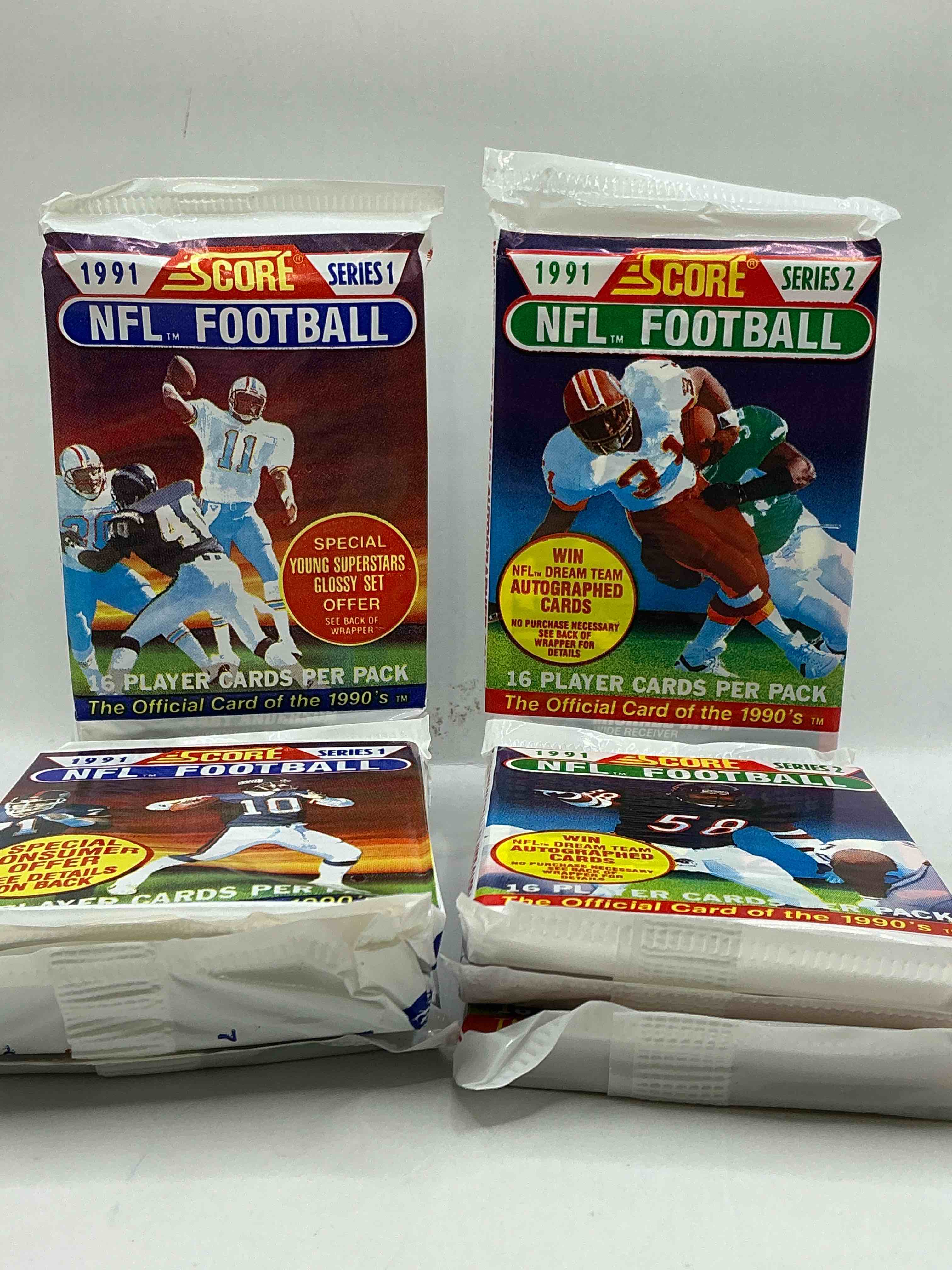 1991 nfl score football sealed card packs series i & ii direct from original retail case! these cards are sought after by collectors for their awesome, nostalgic look. search for brett favre rookie, early jerry rice, early emmit smith, joe montana & so much more!