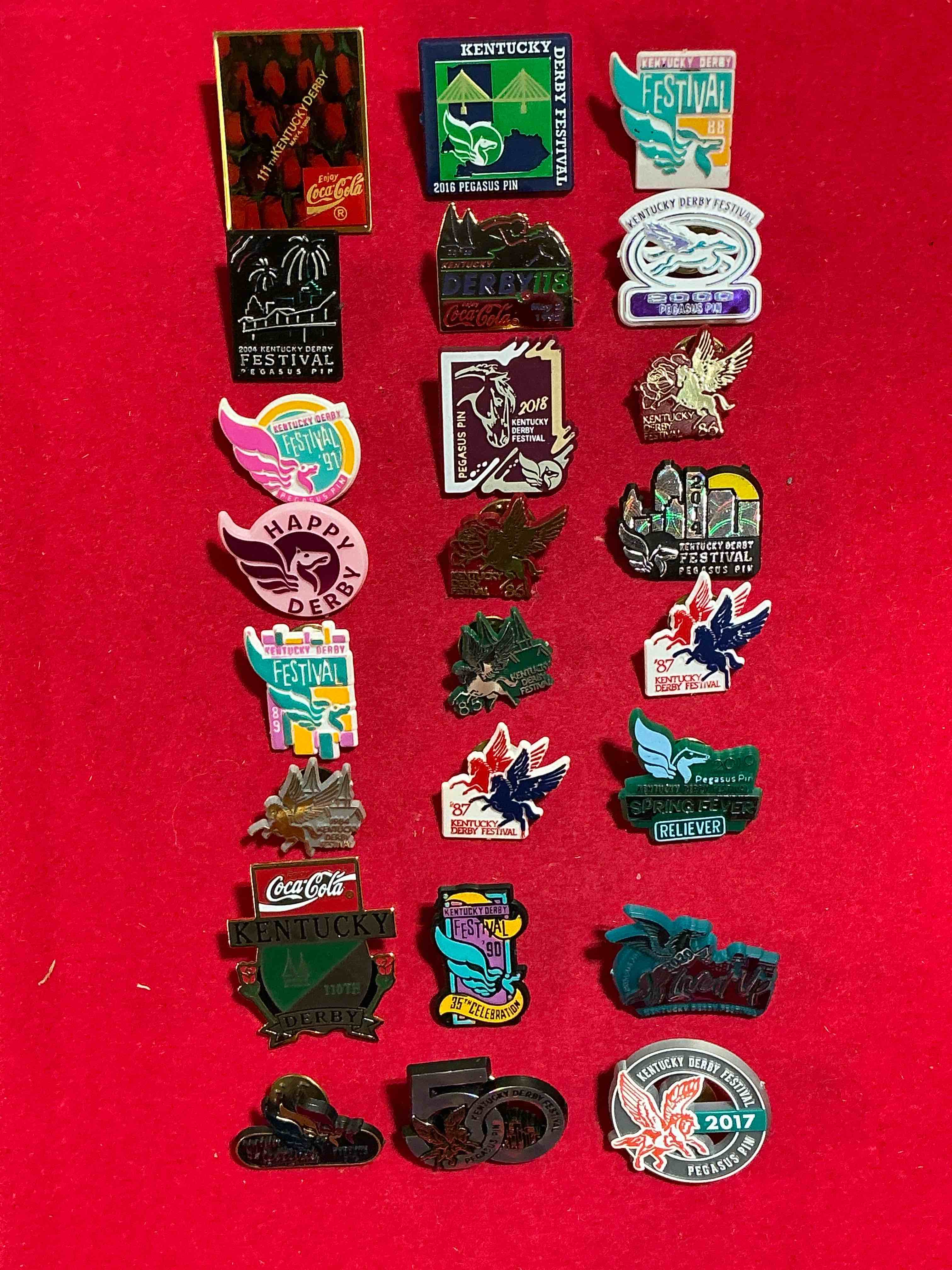ky derby fans wow! beautiful ky derby pins spanning forty plus years of different derby runnings! all have back pins & are in like new condition! some are metal & some plastic. nearly impossible to collect!