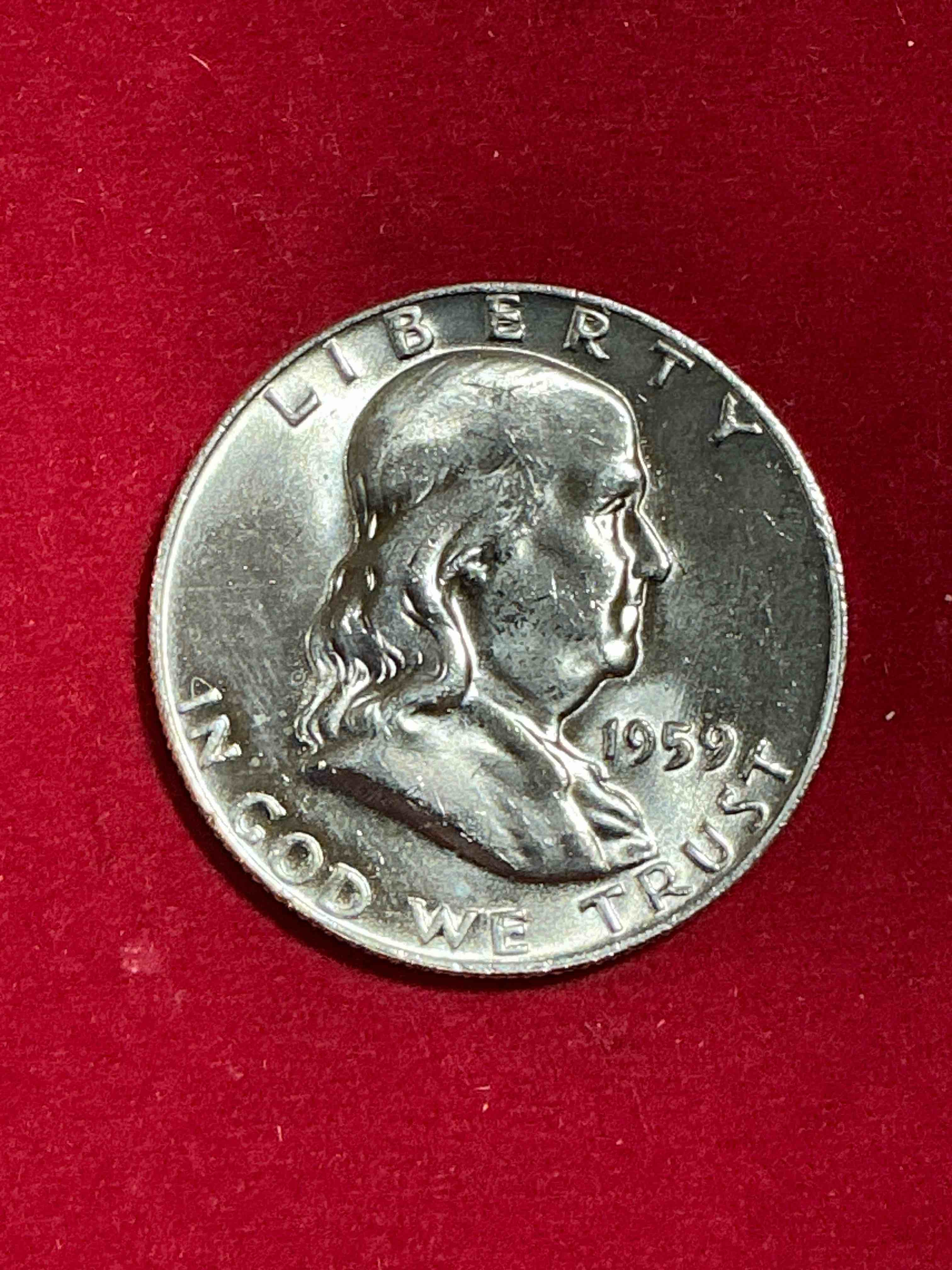 ben franklin silver! pre 1965 silver u.s. half dollar coins! before 1965 american half dollars were actually silver, here is a rare 1959 version in good condition! great for investing in precious metals! these heavy half dollars were minted at 90% silver and 10% copper, giving them a net weight of .36169 ounces of pure silver per coin! very rare in this great condition!