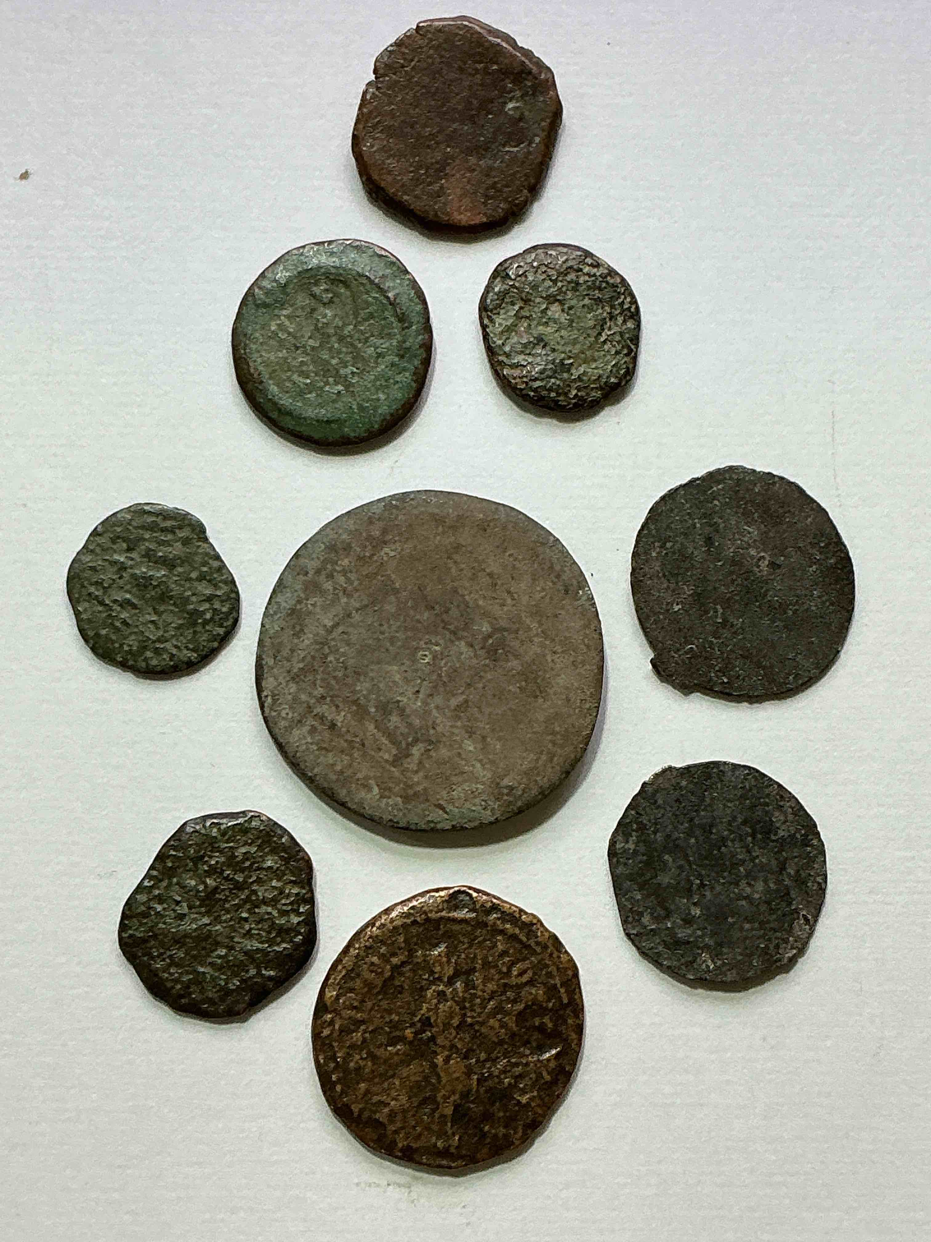 ancient roman coins! 1,600-1700 years old approximately! check out these amazing authentic pieces of history, ancient roman bronze coins from the approx 300 to 400 a.d era... serious pieces of history & serious colléctor items! own authentic pieces of ancient history!