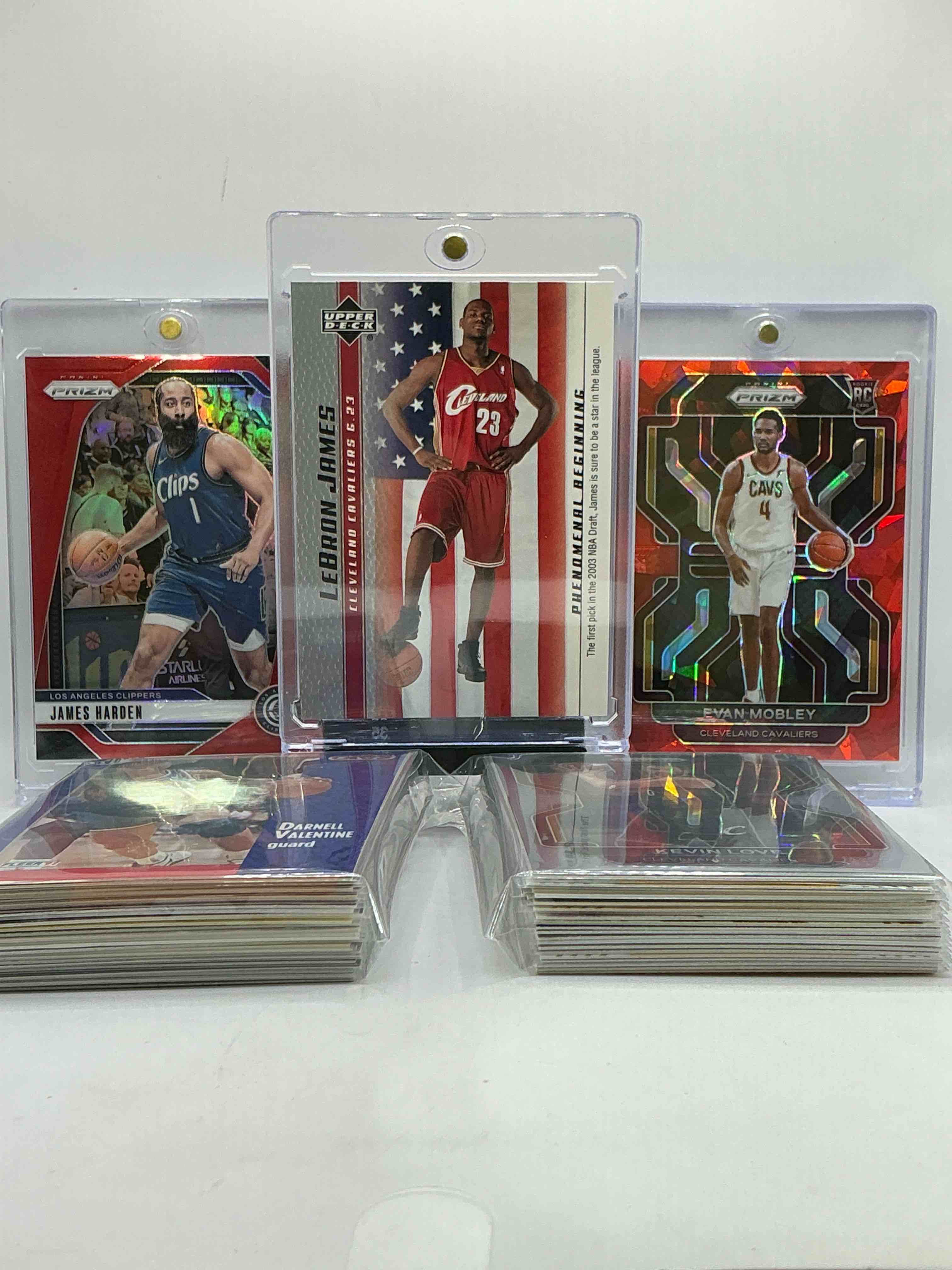 upper deck lebron james rookie card, red prizm /299 james harden, cracked ice evan mobley prizm rookie & more! cavs craziness! this 50 card lot includes commons, legends & more! cleveland!