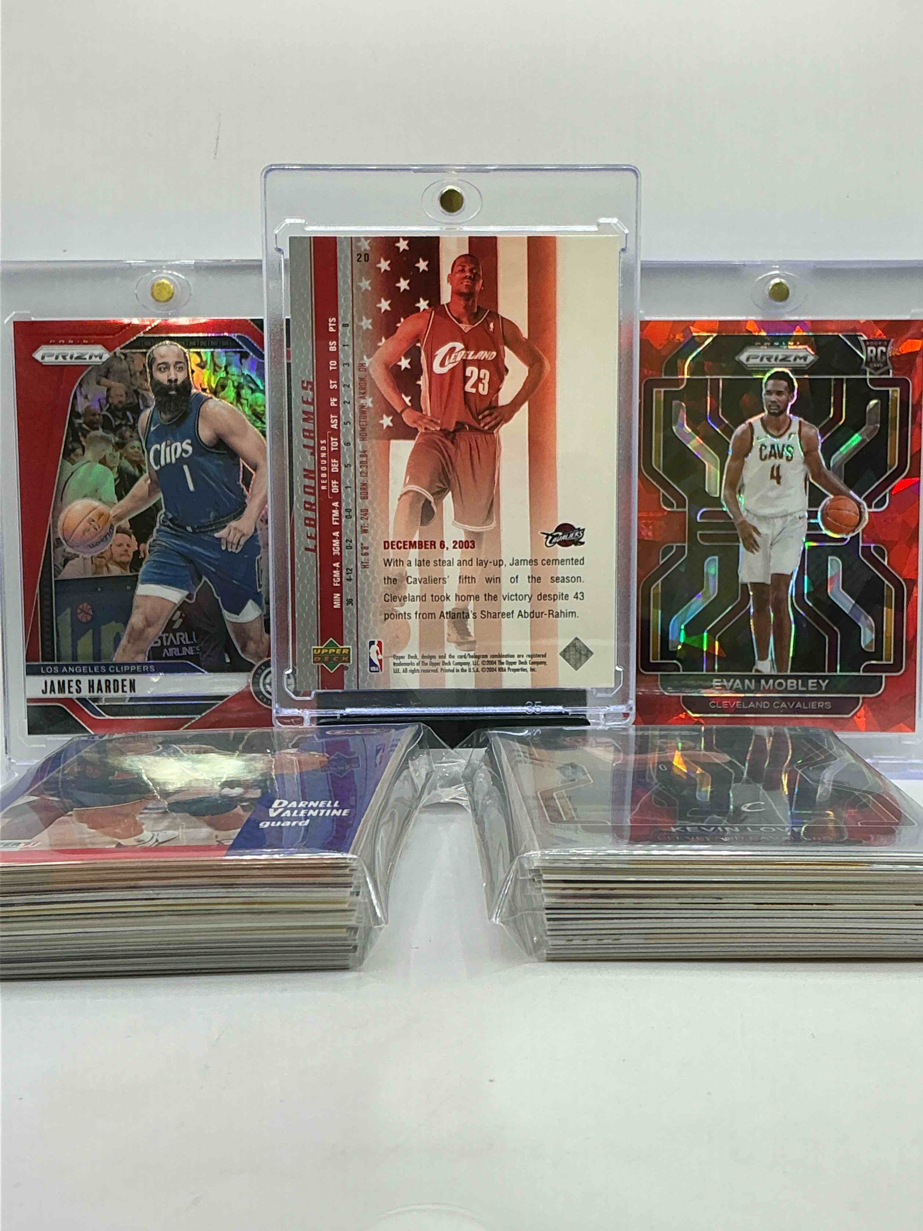 Condition photo showing New/Like New for upper deck lebron james rookie card, red prizm /299 james harden, cracked ice evan mobley prizm rookie & more! cavs craziness! this 50 card lot includes commons, legends & more! cleveland!