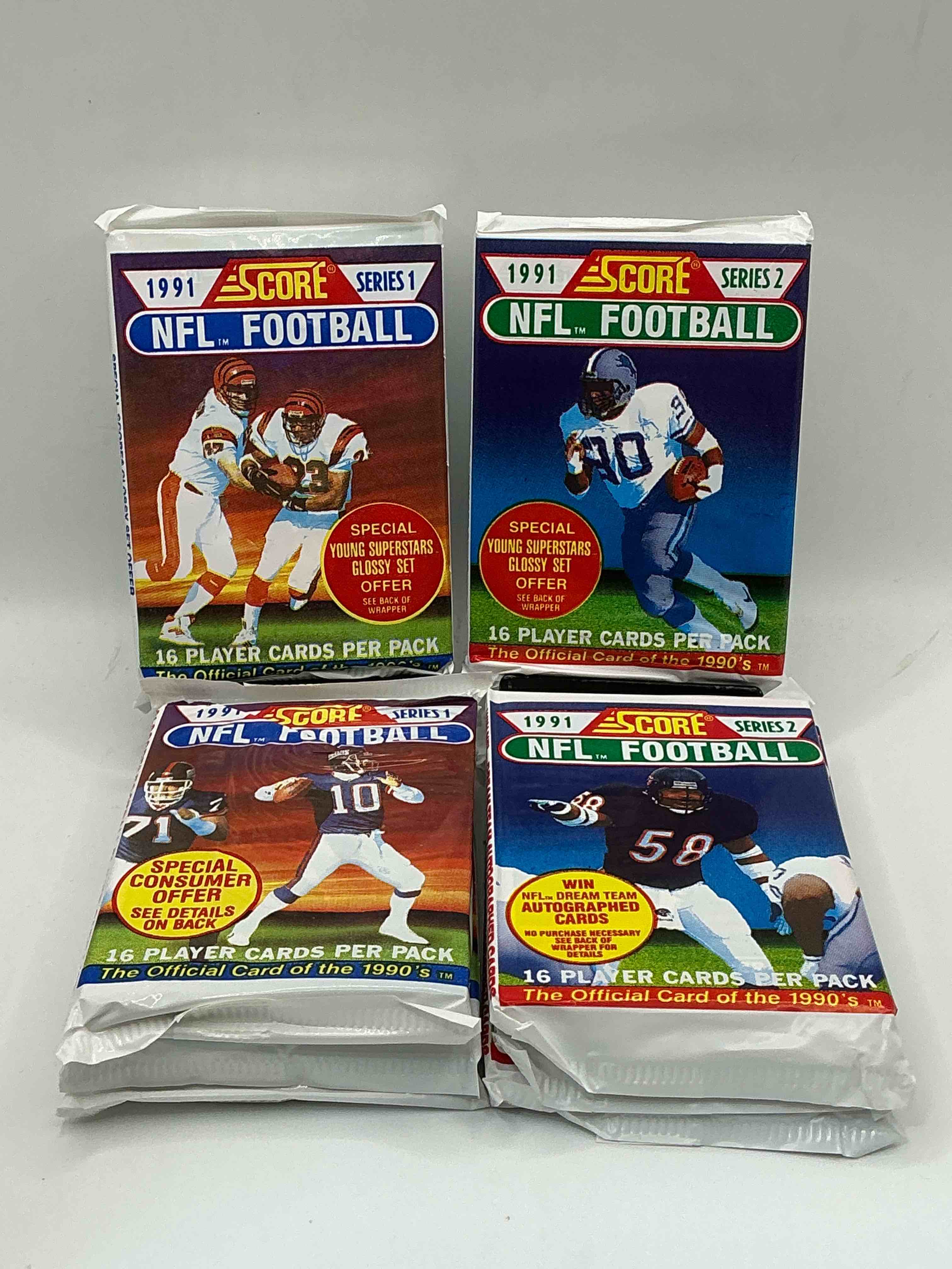 1991 nfl score football sealed card packs series i & ii direct from original retail case! these cards are sought after by collectors for their awesome, nostalgic look. search for brett favre rookie, early jerry rice, early emmit smith, joe montana & so much more!