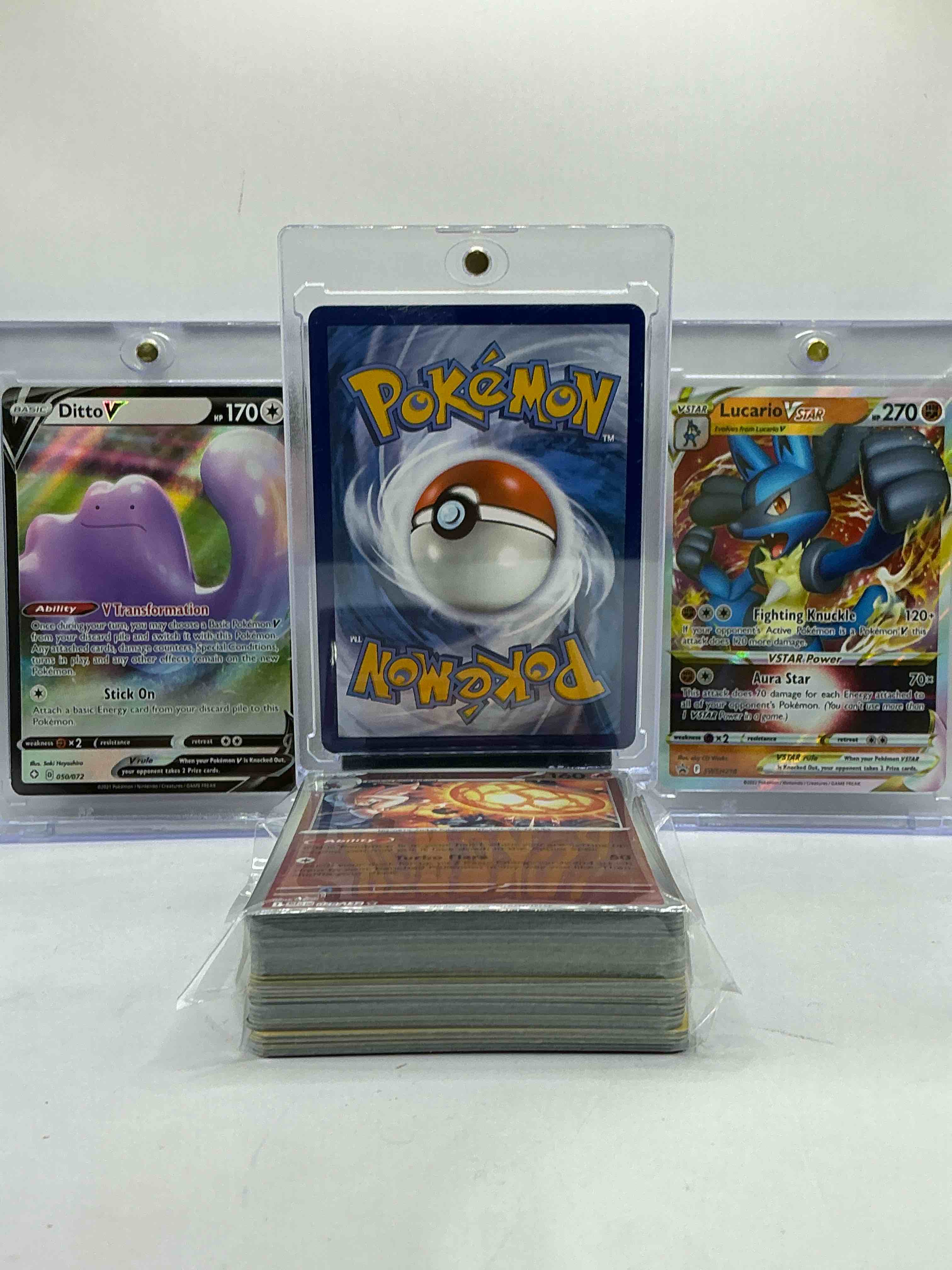 Condition photo showing New/Like New for mewtwo v, lucario vstar & ditto v wow! pokémon palooza! heroes, along with 50 other pokémon heroes, holos, legends & commons- including 1 stage two rare holographic, 2 stage one rare holographic, 3 basic rare holographic, 4 common/ uncommon holographics (all stages), 2 stage two non holographic & 2 rares! also includes 36 non holo common/ uncommon basic & first stage cards trainers & energy too! perfect set for collectors & enthusiasts!