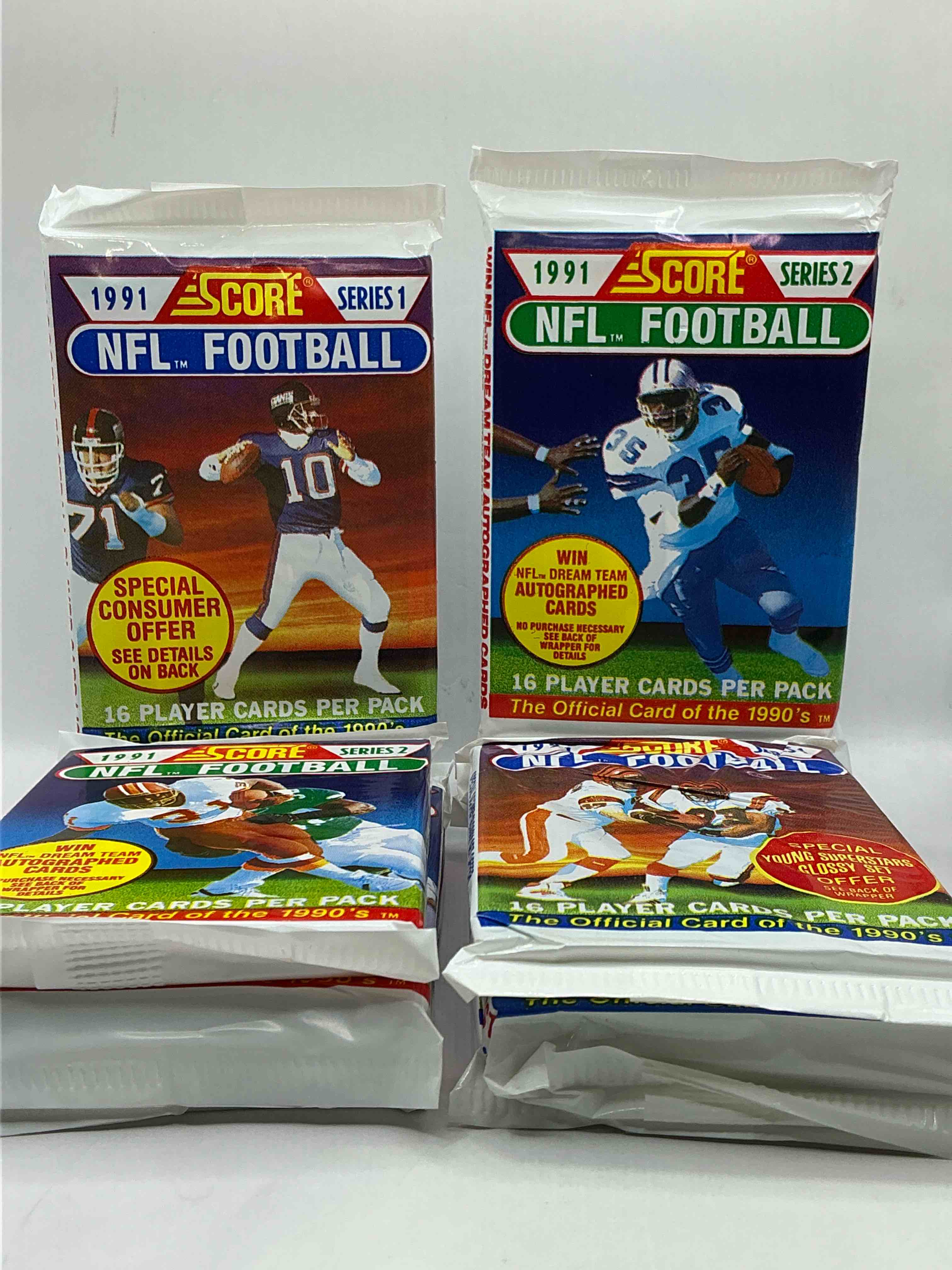 1991 nfl score football sealed card packs series i & ii direct from original retail case! these cards are sought after by collectors for their awesome, nostalgic look. search for brett favre rookie, early jerry rice, early emmit smith, joe montana & so much more!