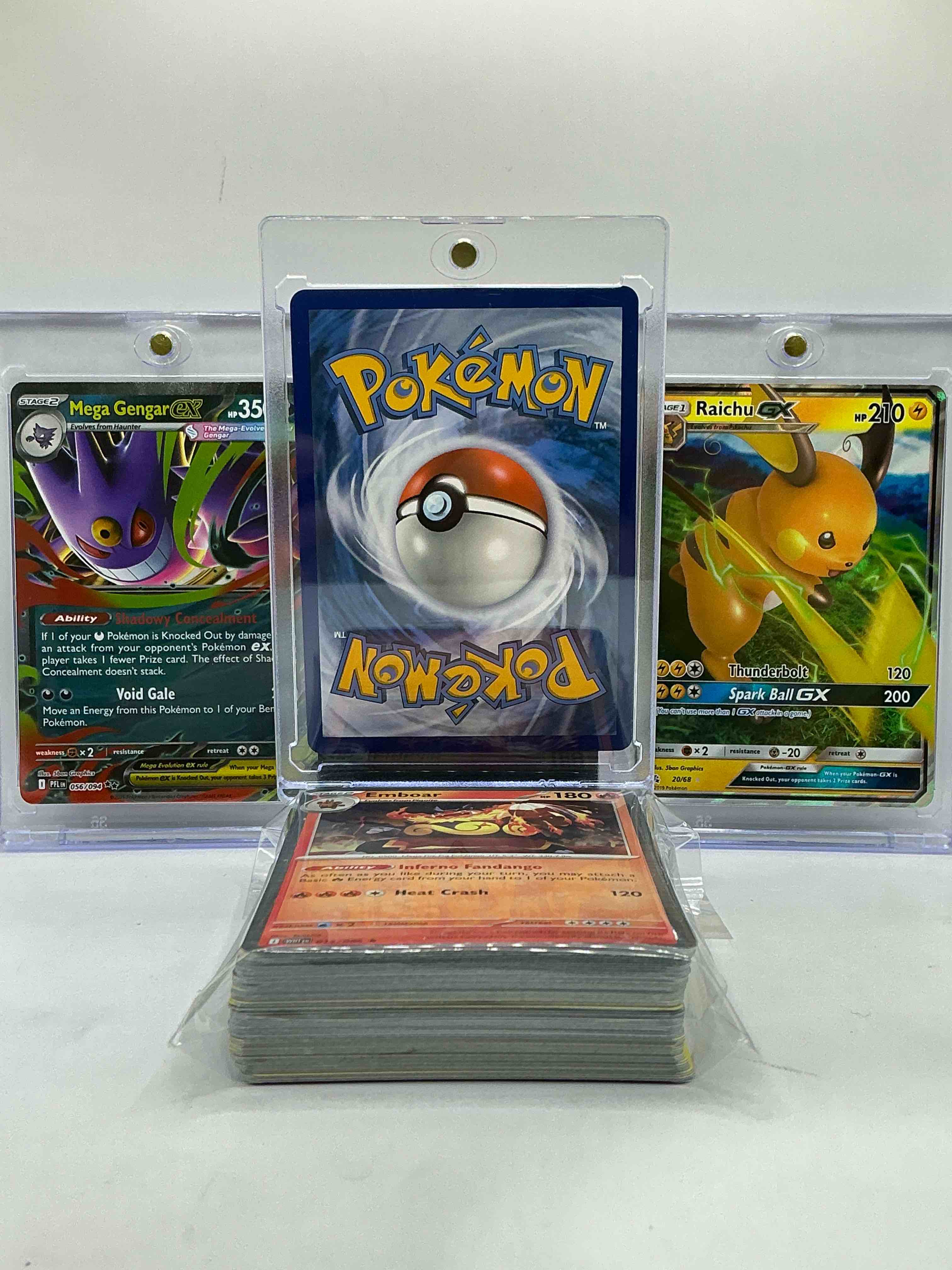 Condition photo showing New/Like New for charizard gx, mega gengar ex & raichu gx! wow! what a trio! pokémon legends, along with 50 other pokémon heroes, holos, legends & commons- including 1 stage two rare holographic, 2 stage one rare holographic, 3 basic rare holographic, 4 common/ uncommon holographics (all stages), 2 stage two non holographic & 2 rares! also includes 36 non holo common/ uncommon basic & first stage cards trainers & energy too! perfect set for collectors & enthusiasts!
