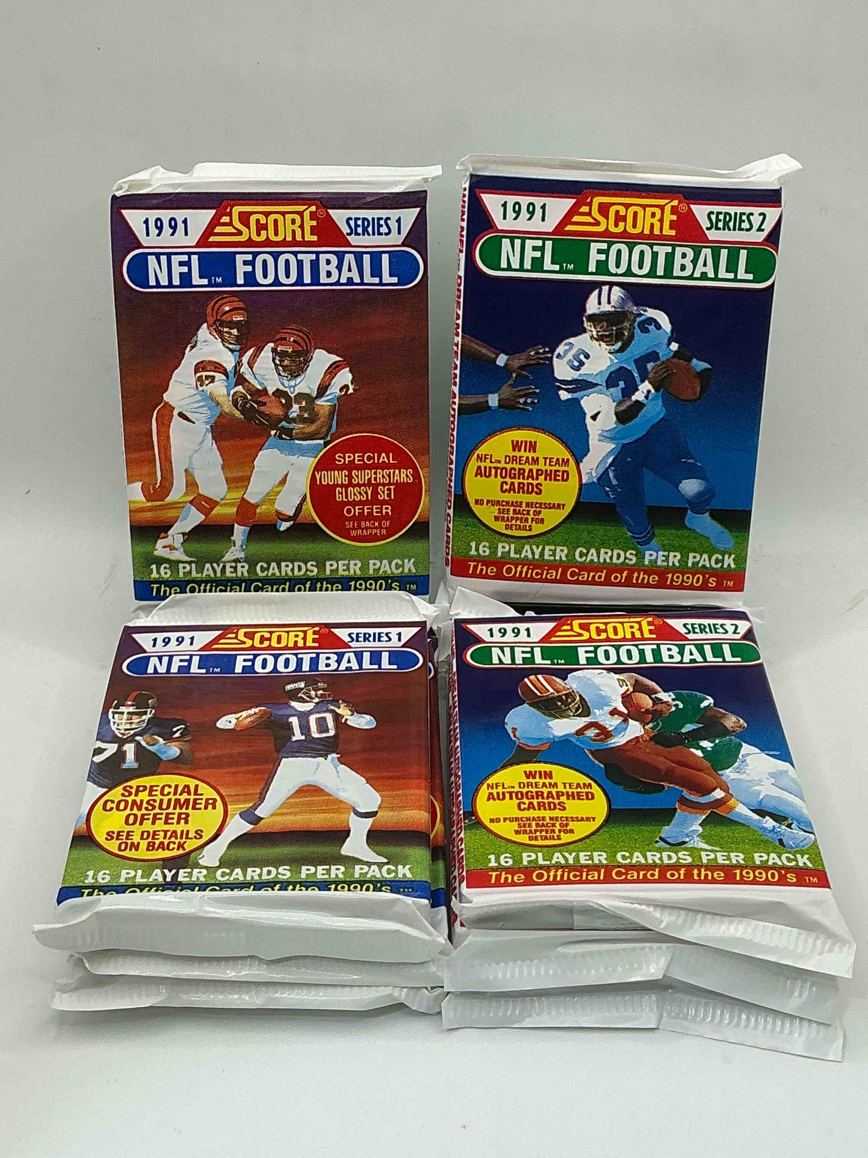1991 nfl score football sealed card packs series i & ii direct from original retail case! these cards are sought after by collectors for their awesome, nostalgic look. search for brett favre rookie, early jerry rice, early emmit smith, joe montana & so much more!