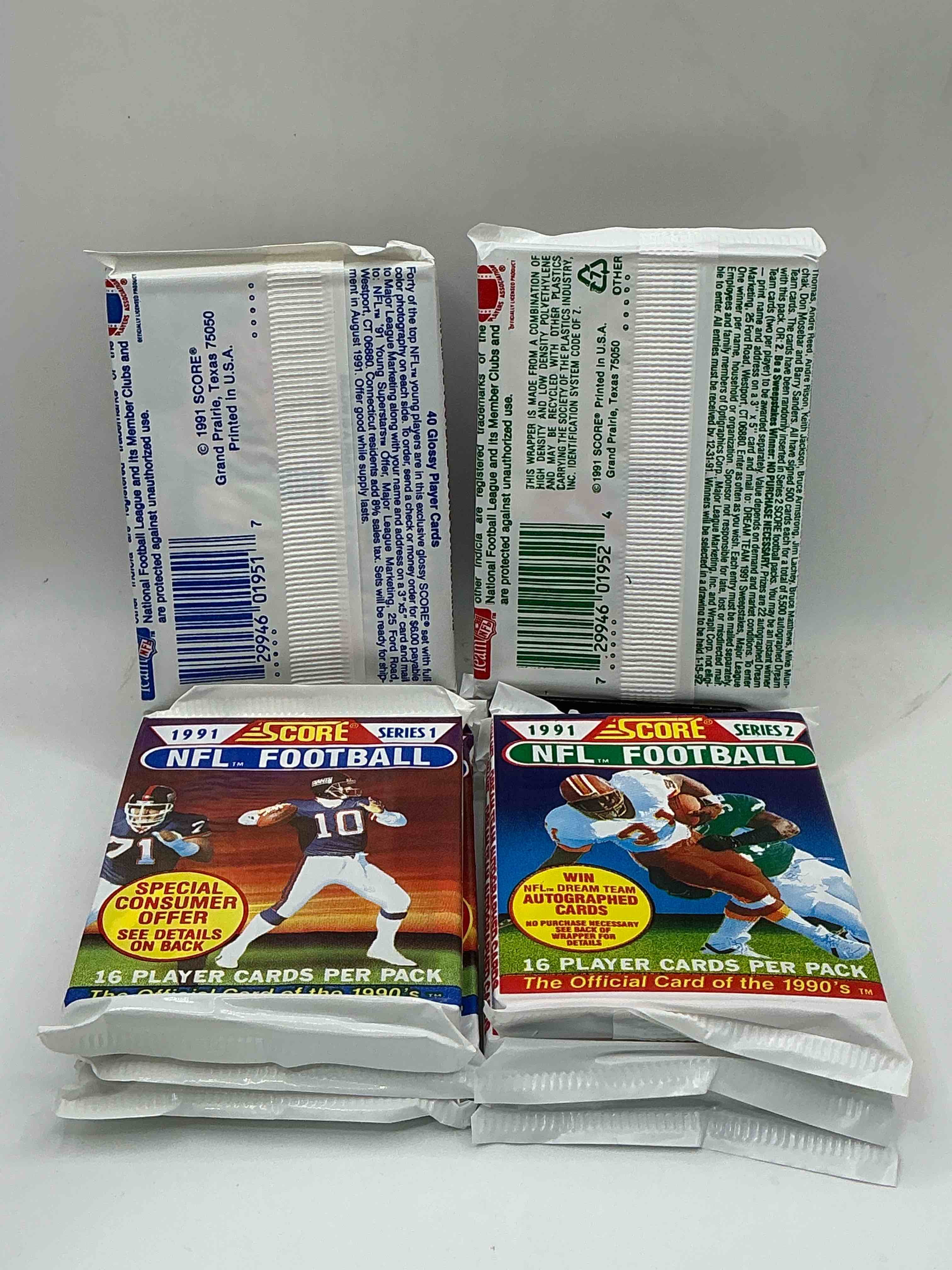 Condition photo showing New/Like New for 1991 nfl score football sealed card packs series i & ii direct from original retail case! these cards are sought after by collectors for their awesome, nostalgic look. search for brett favre rookie, early jerry rice, early emmit smith, joe montana & so much more!