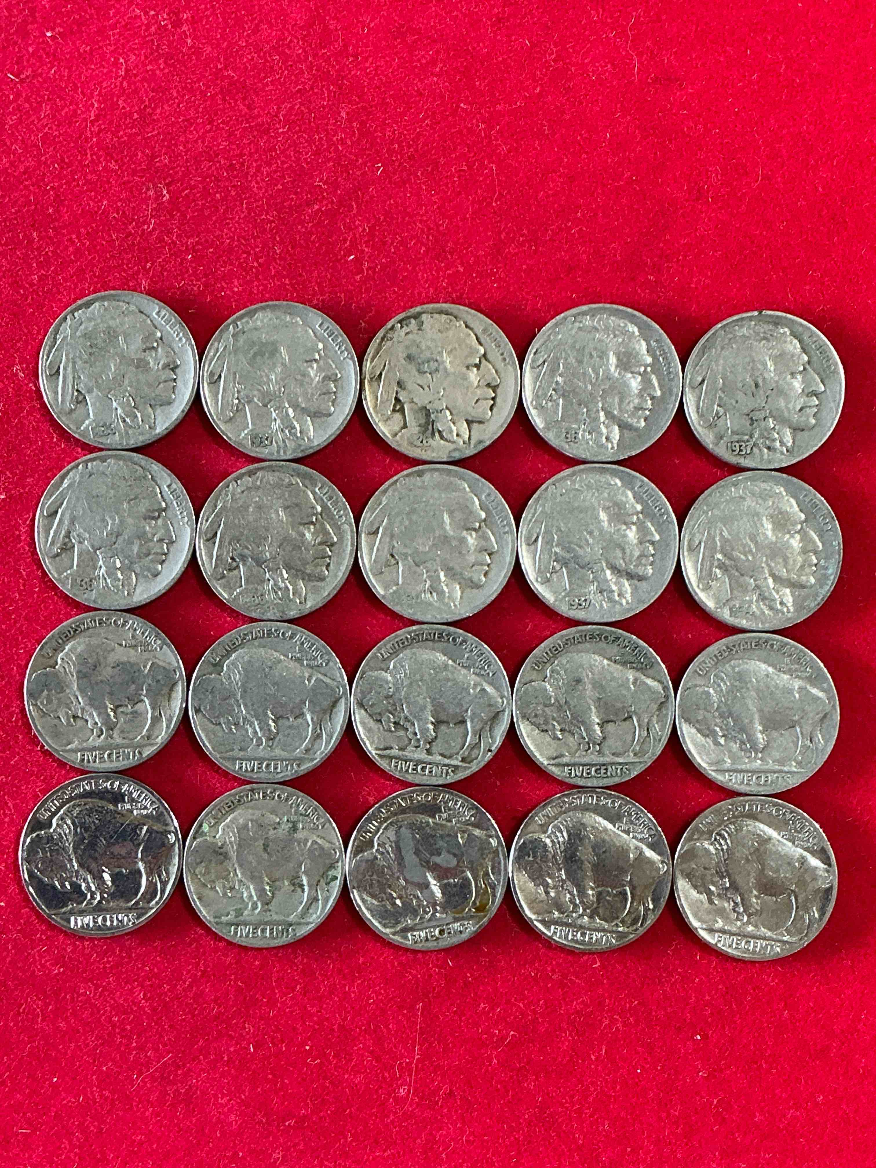 Condition photo showing Good Condition for historic buffalo nickels! indian head buffalo nickels were minted from 1913 to 1938 & have become a favorite for coin collectors around the world! own pieces of american history with these cool indian head buffalo nickels in circulated condition, most with visible dates which is very rare for buffalo nickels!