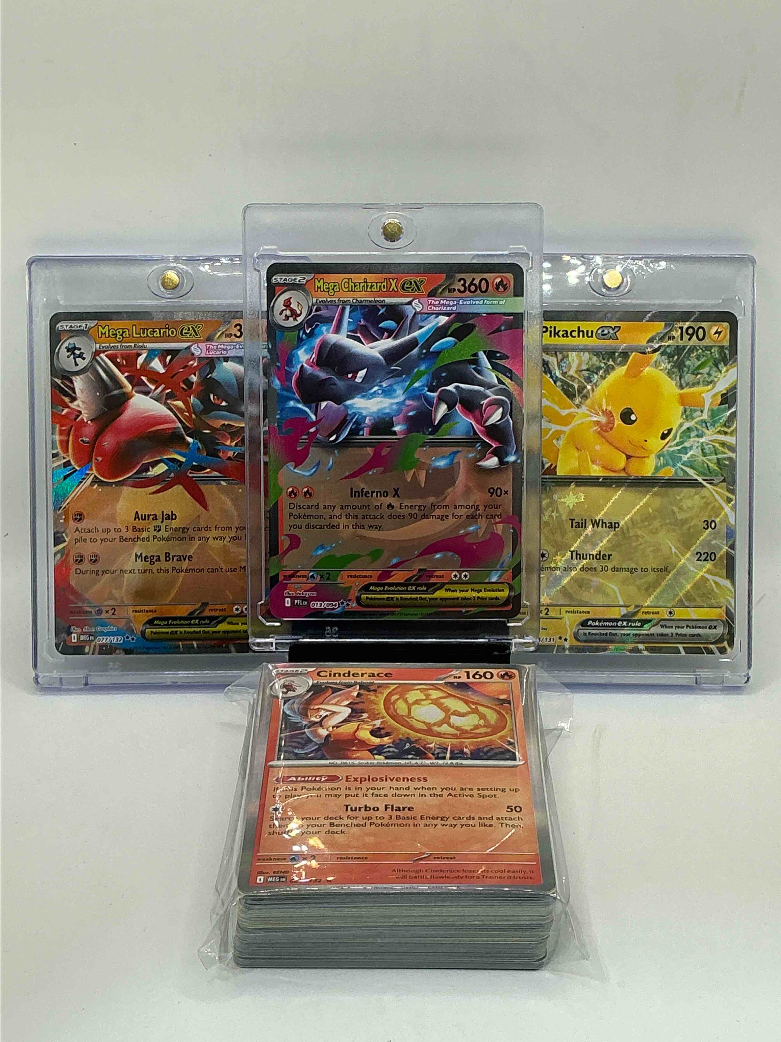 pokémon palooza! mega charizard x ex! mega lucario ex! pikachu ex! along with 50 other pokémon heroes, holos, legends & commons- including 1 stage two rare holographic, 2 stage one rare holographic, 3 basic rare holographic, 4 common/ uncommon holographics (all stages), 2 stage two non holographic & 2 rares! also includes 36 non holo common/ uncommon basic & first stage cards trainers & energy too! perfect set for collectors & enthusiasts!