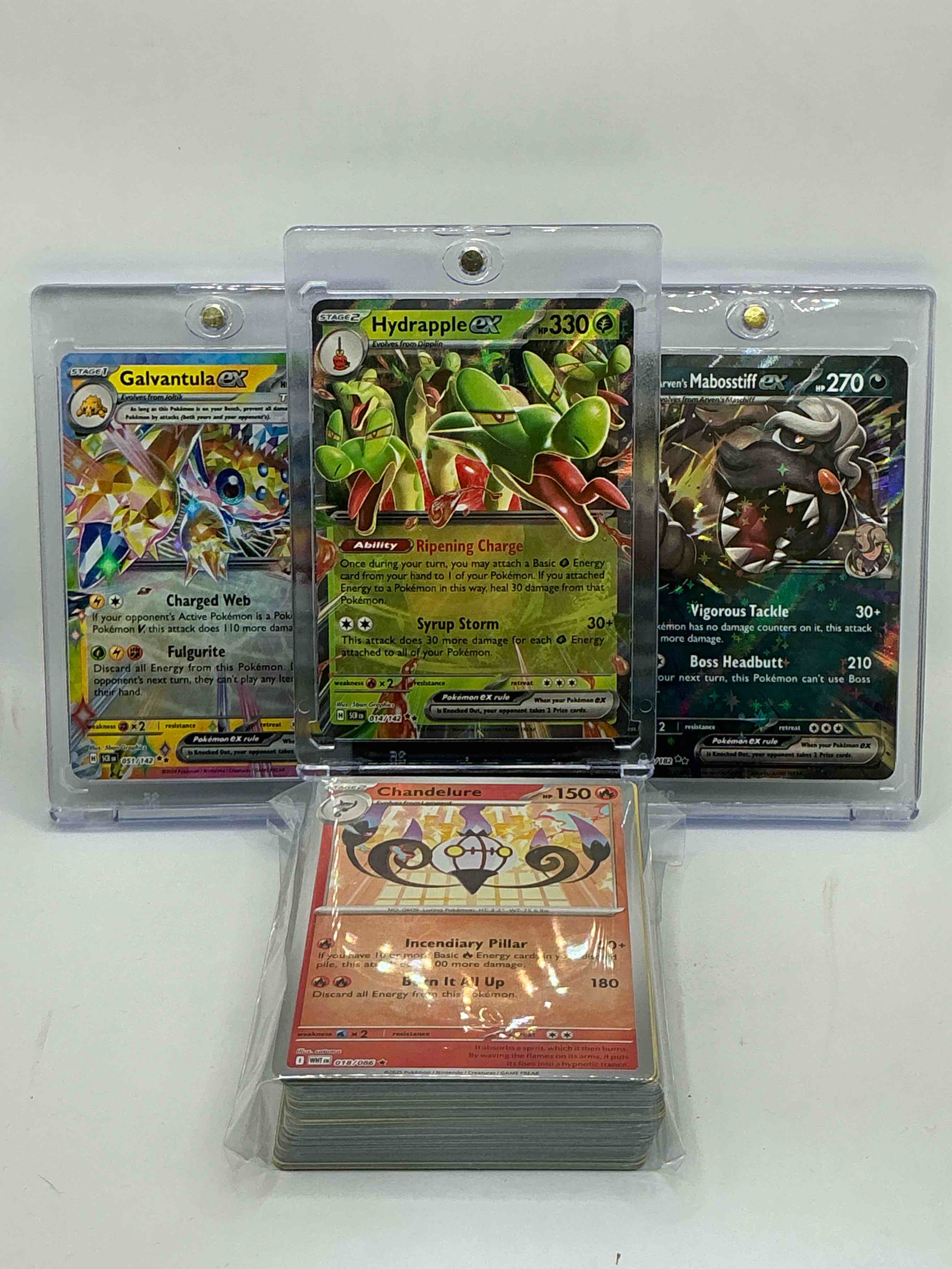 Pokémon Palooza! Hydrapple EX! Galvantula EX! Arven’s Mabossiff EX! Along With 50 Other Pokémon Heroes, Holos, Legends & Commons- Including 1 Stage Two Rare Holographic, 2 Stage One Rare Holographic, 3 Basic Rare Holographic, 4 Common/ Uncommon Holographics (All Stages), 2 Stage Two Non Holographic & 2 Rares! Also Includes 36 Non Holo Common/ Uncommon Basic & First Stage Cards Trainers & Energy Too! Perfect Set For Collectors & Enthusiasts!