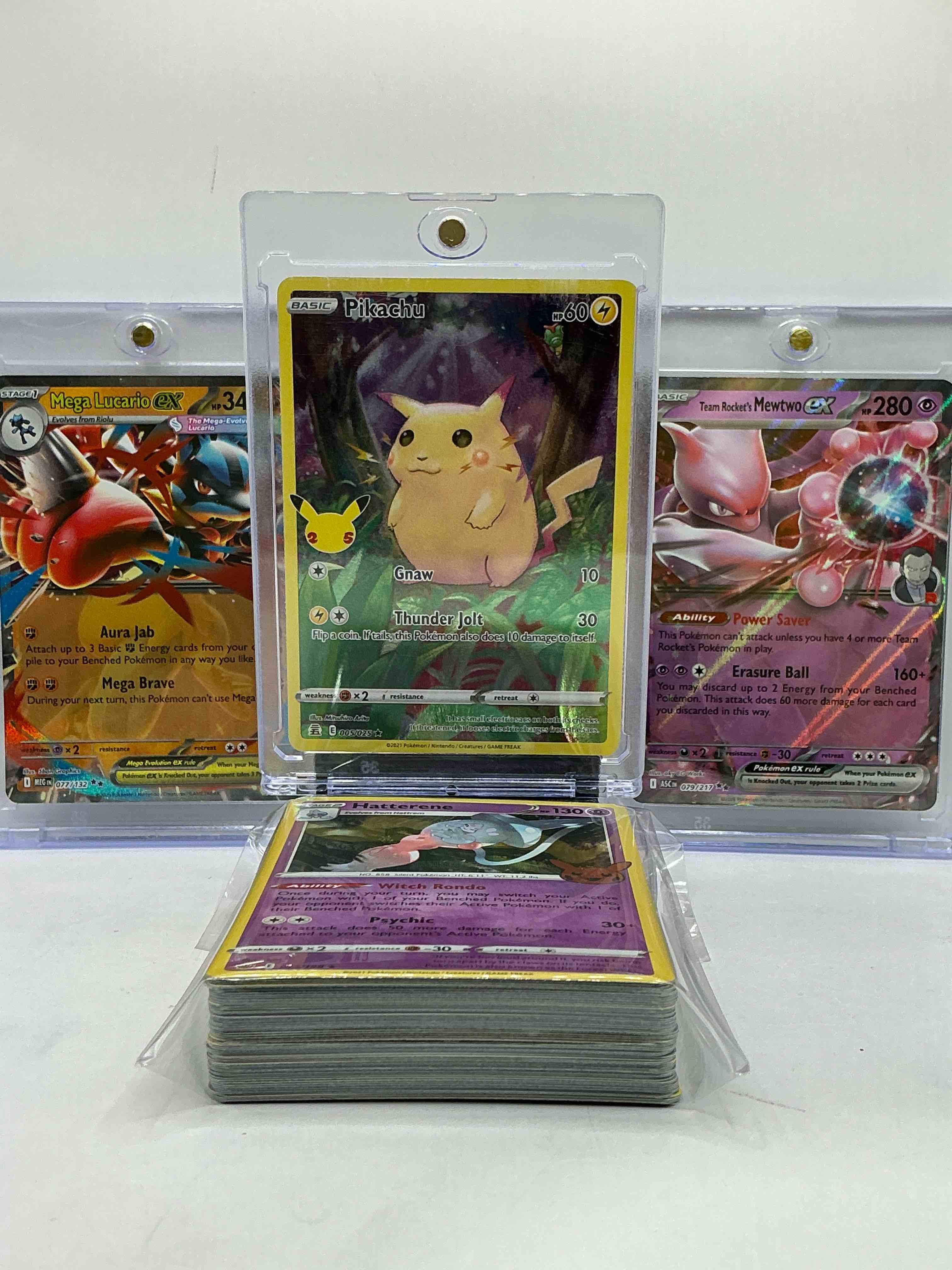 pokémon palooza! lucario, pikachu & mewtwo! wow! awesome cards, along with 50 other pokémon heroes, holos, legends & commons- including 1 stage two rare holographic, 2 stage one rare holographic, 3 basic rare holographic, 4 common/ uncommon holographics (all stages), 2 stage two non holographic & 2 rares! also includes 36 non holo common/ uncommon basic & first stage cards trainers & energy too! perfect set for collectors & enthusiasts!