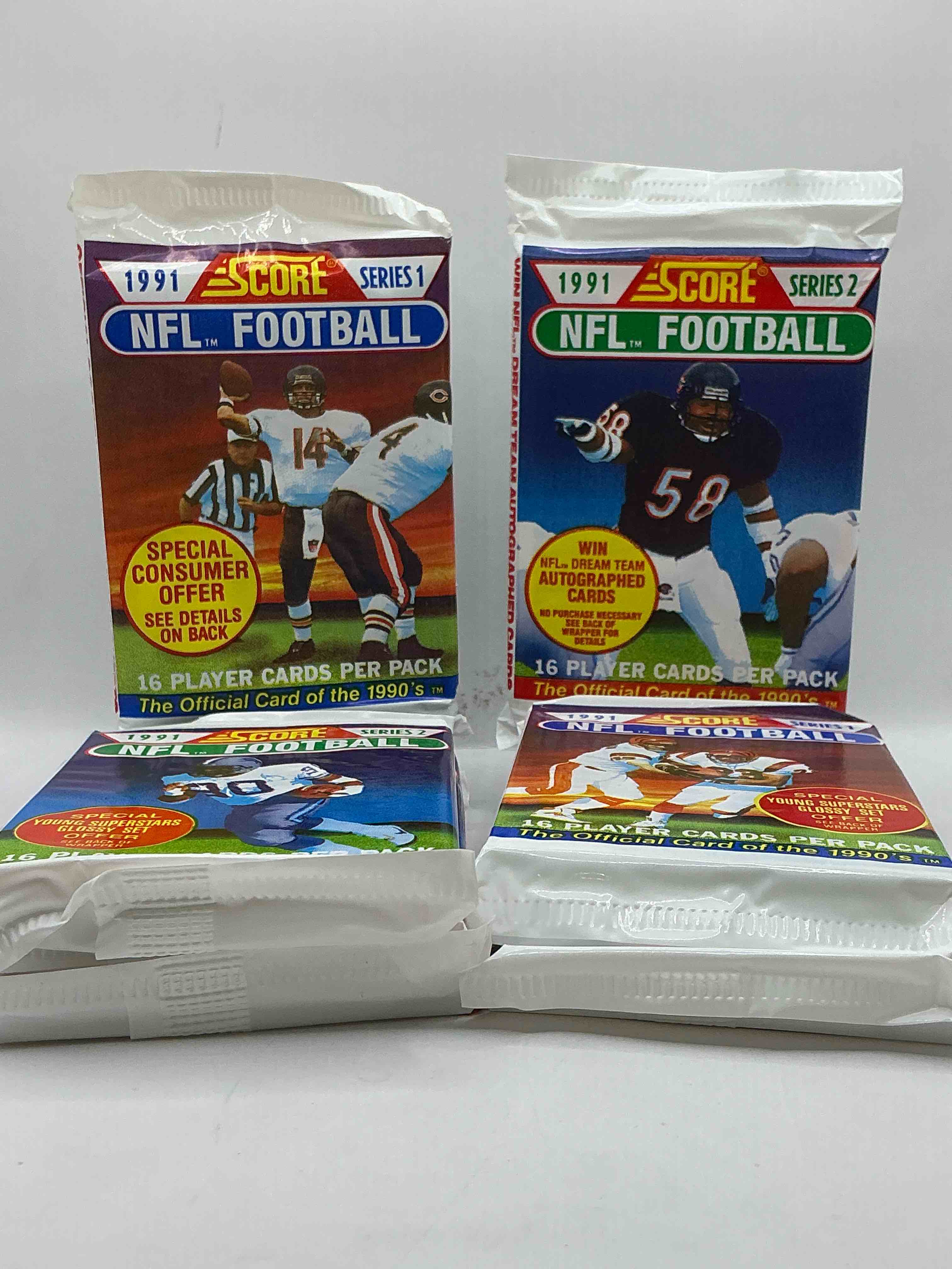 1991 nfl score football sealed card packs series i & ii direct from original retail case! these cards are sought after by collectors for their awesome, nostalgic look. search for brett favre rookie, early jerry rice, early emmit smith, joe montana & so much more!