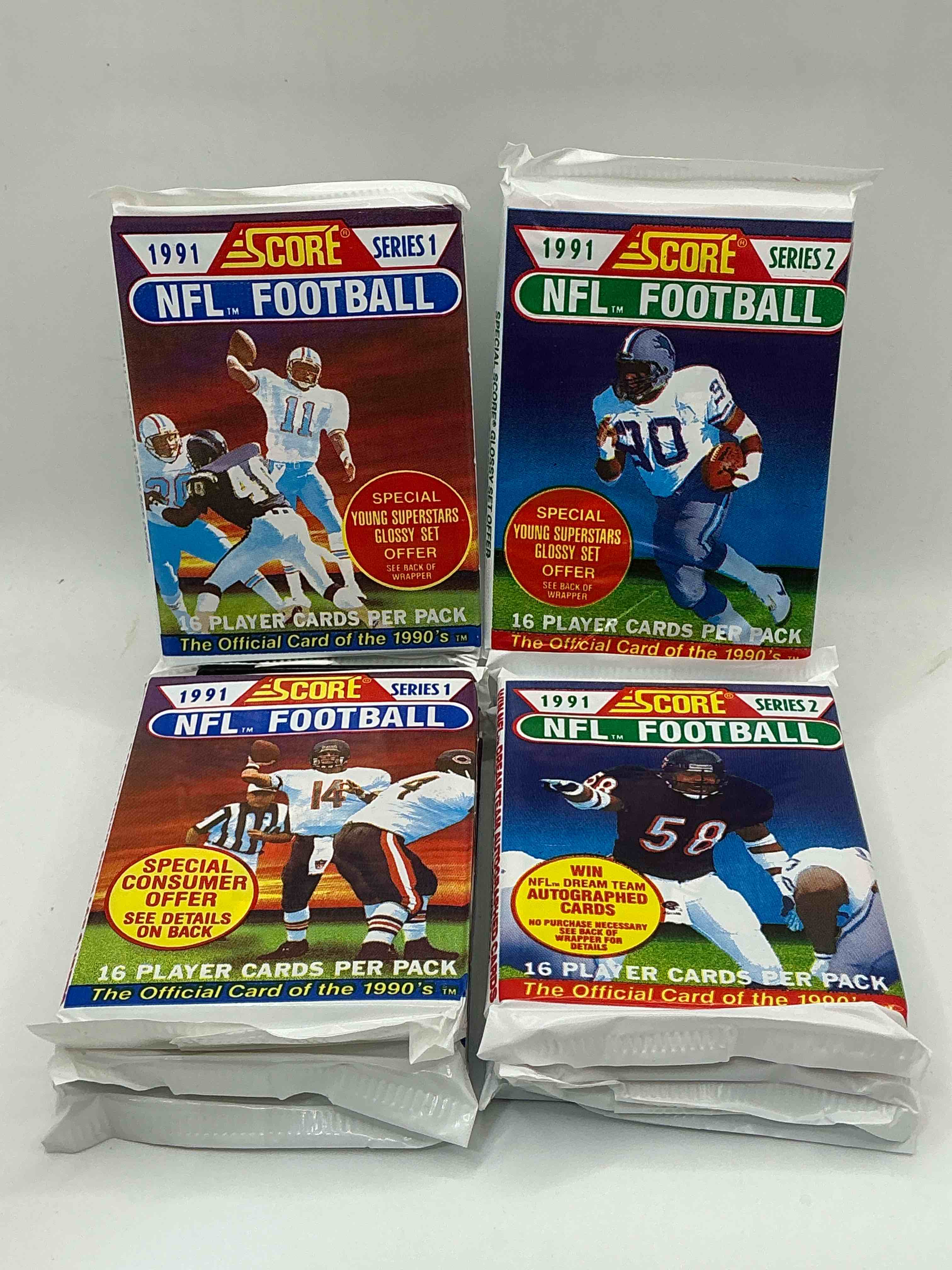 1991 nfl score football sealed card packs series i & ii direct from original retail case! these cards are sought after by collectors for their awesome, nostalgic look. search for brett favre rookie, early jerry rice, early emmit smith, joe montana & so much more!