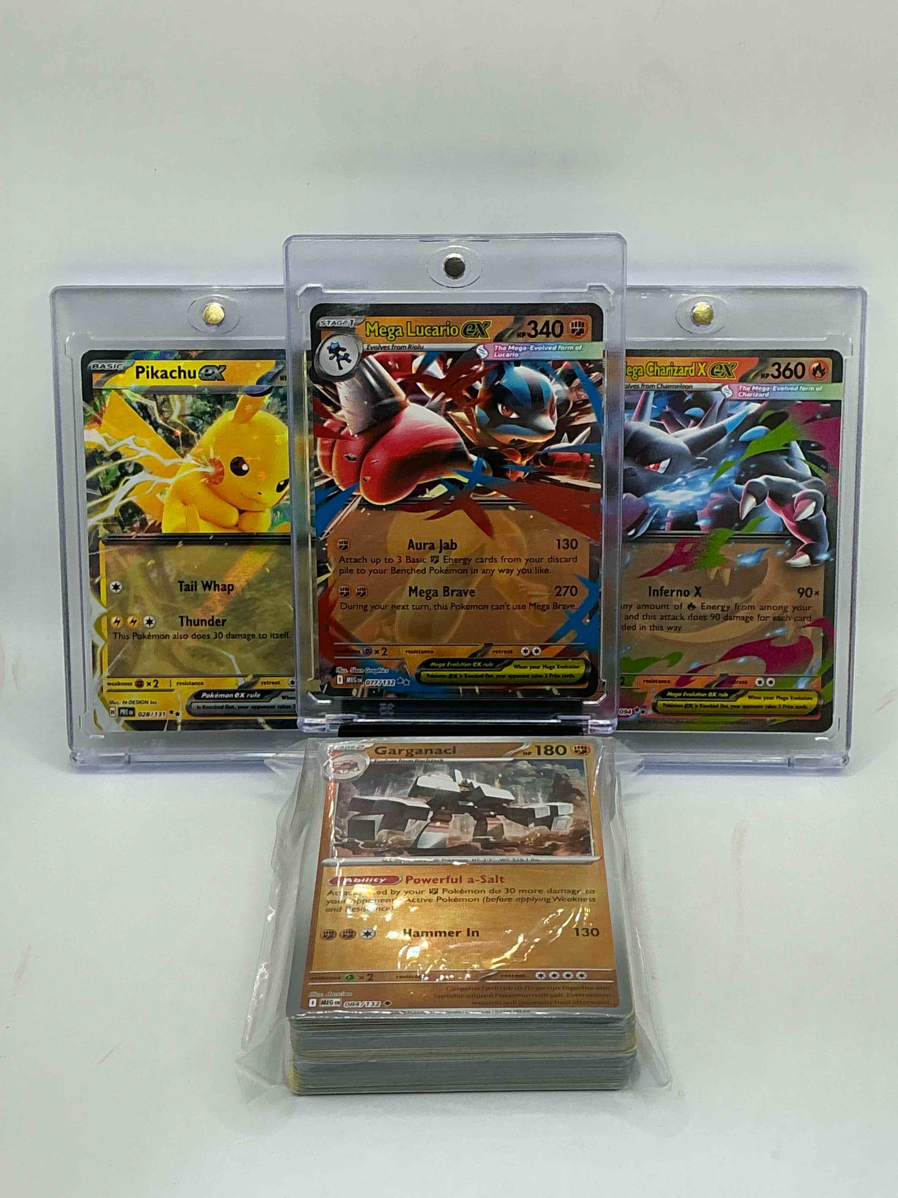 pokémon palooza! mega charizard x ex! mega lucario ex! pikachu ex! along with 50 other pokémon heroes, holos, legends & commons- including 1 stage two rare holographic, 2 stage one rare holographic, 3 basic rare holographic, 4 common/ uncommon holographics (all stages), 2 stage two non holographic & 2 rares! also includes 36 non holo common/ uncommon basic & first stage cards trainers & energy too! perfect set for collectors & enthusiasts!